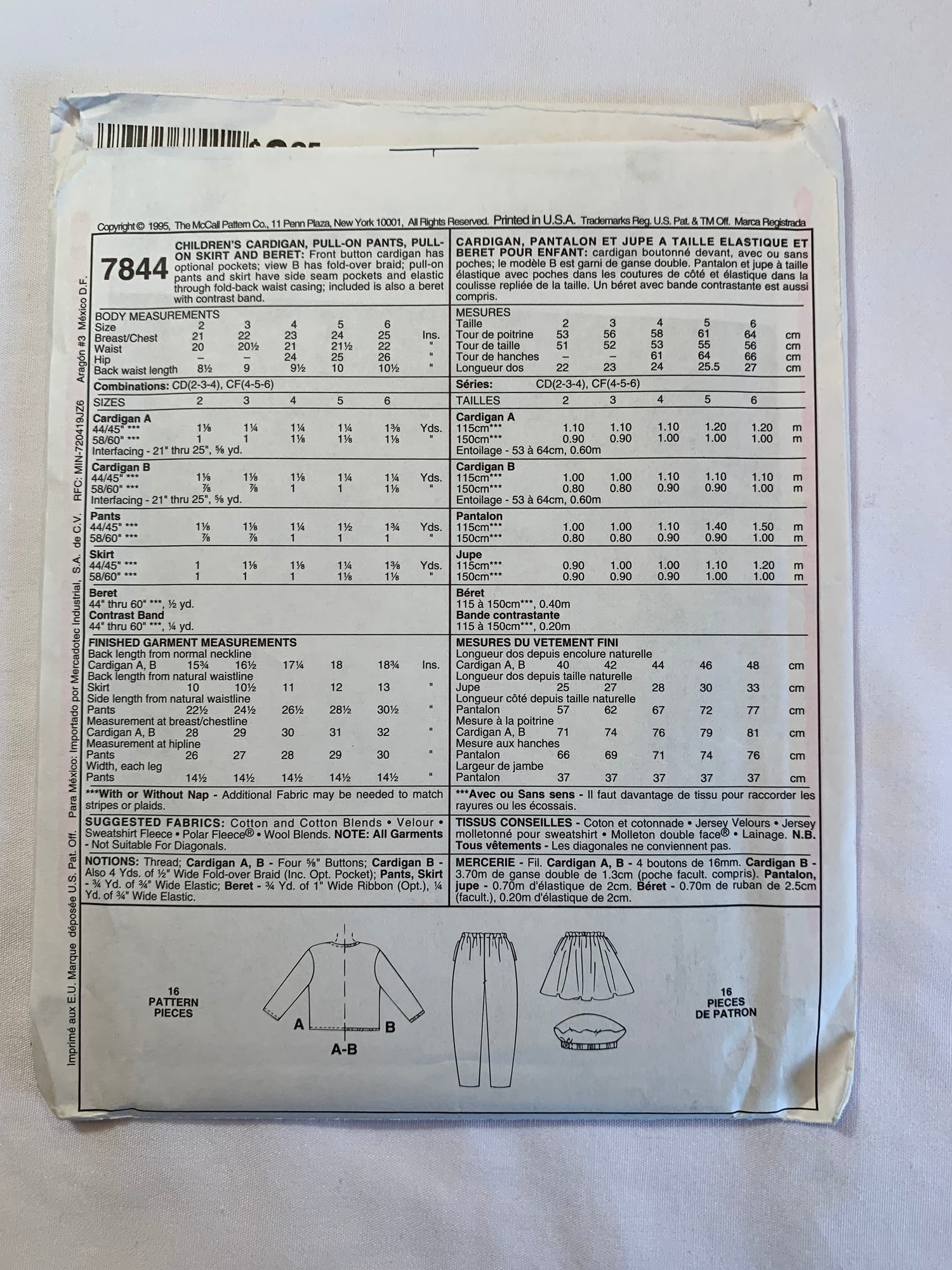 McCall's Sewing Pattern 7844 Girls' Cardigan, Skirt, Pants, Beret, Pockets, Elastic Waist, Button Front, Full Skirt, Size 2-4, Uncut, Vintage 1995