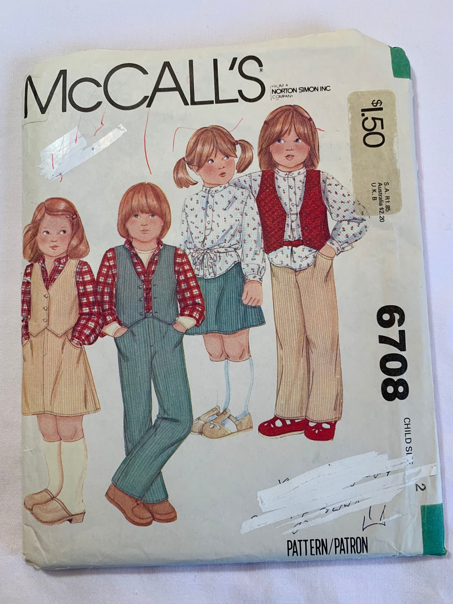 McCall's Sewing Pattern 6708 Girls'/Boys Lined Vest, Shirt, Skirt, Pants, Button Front, Pockets, Zipper Front, Pullover, Long Sleeves, Size 2, Cut, Vintage 1979
