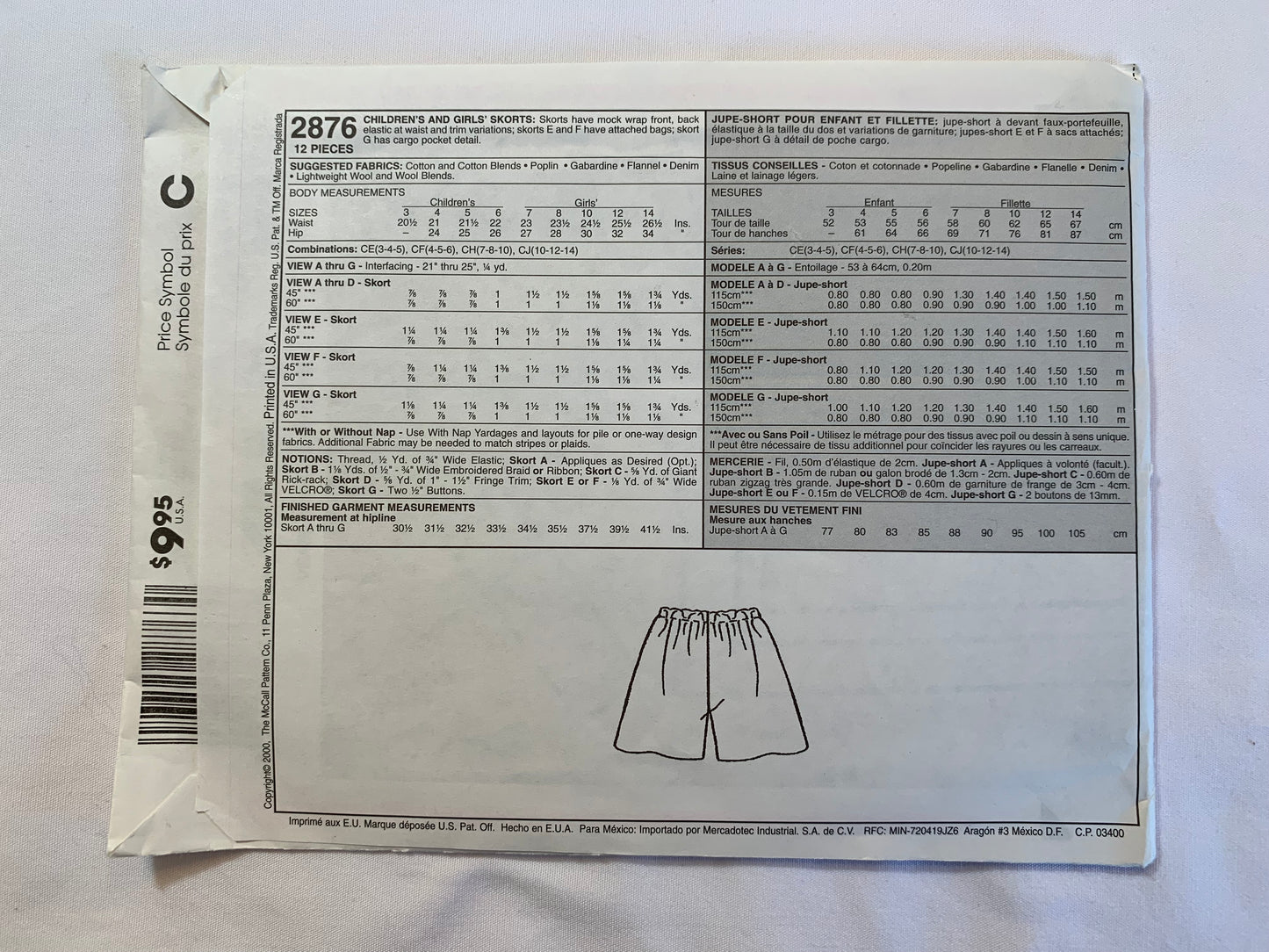 McCall's Sewing Pattern 2876 Girls' Skorts, Wrap Front, Elastic Waist, Pockets, Size 7-10, Uncut, 2000