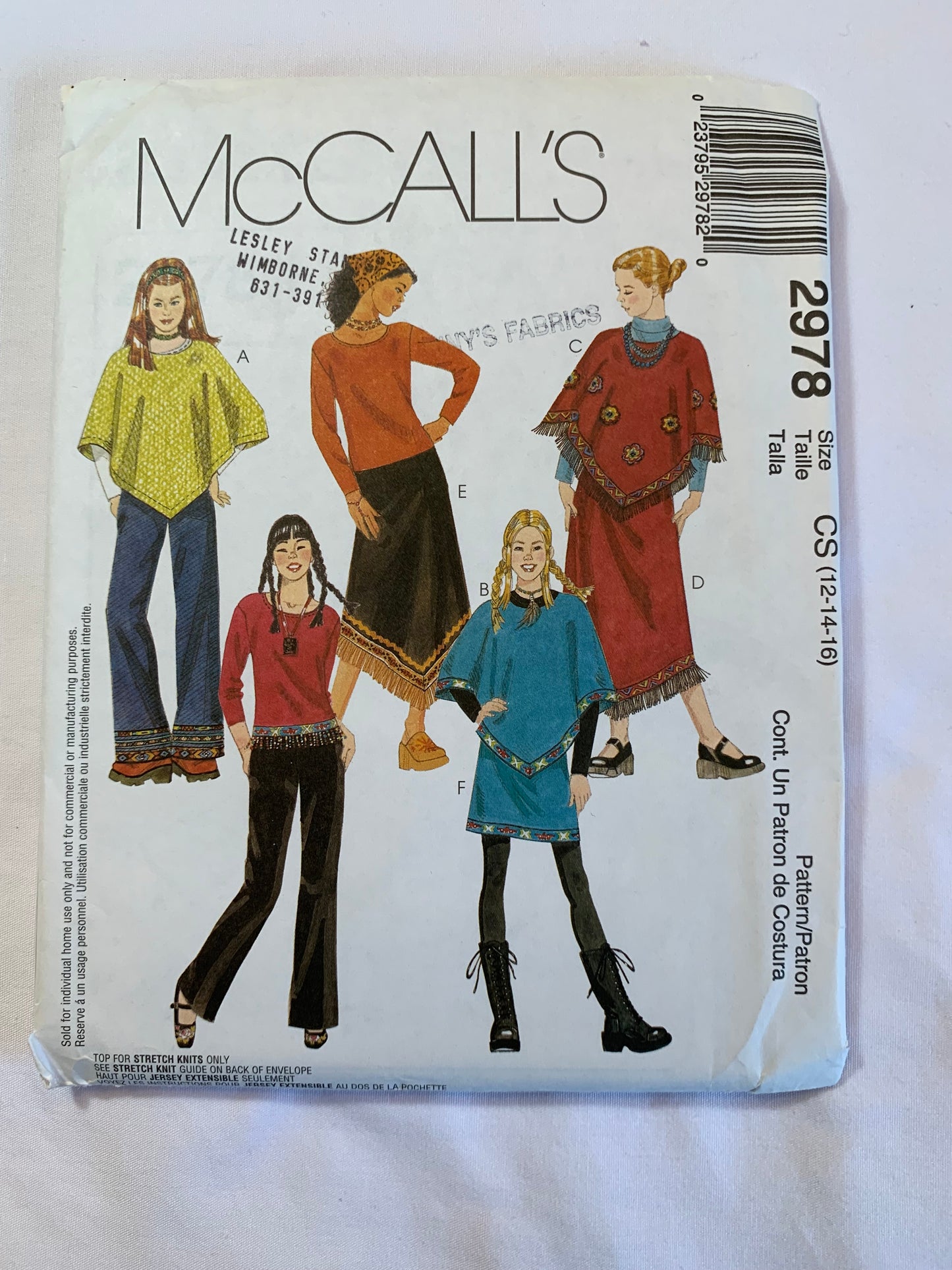 McCall's Sewing Pattern 2978 Girls' Poncho, Top, Skirts, Pants, Pullover, Long Sleeves, Two Lengths, Flared Legs, Pockets, Size 12-16, Uncut, 2000