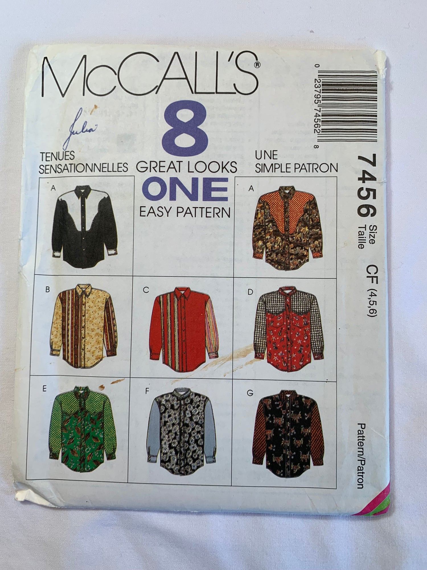 McCall's Sewing Pattern 7456 Children's/Boys' Western Shirt, Easy Fitting, Long Sleeves, Snap/Button Front, Pockets, Collar, Size 4-6, Uncut, Vintage 1956