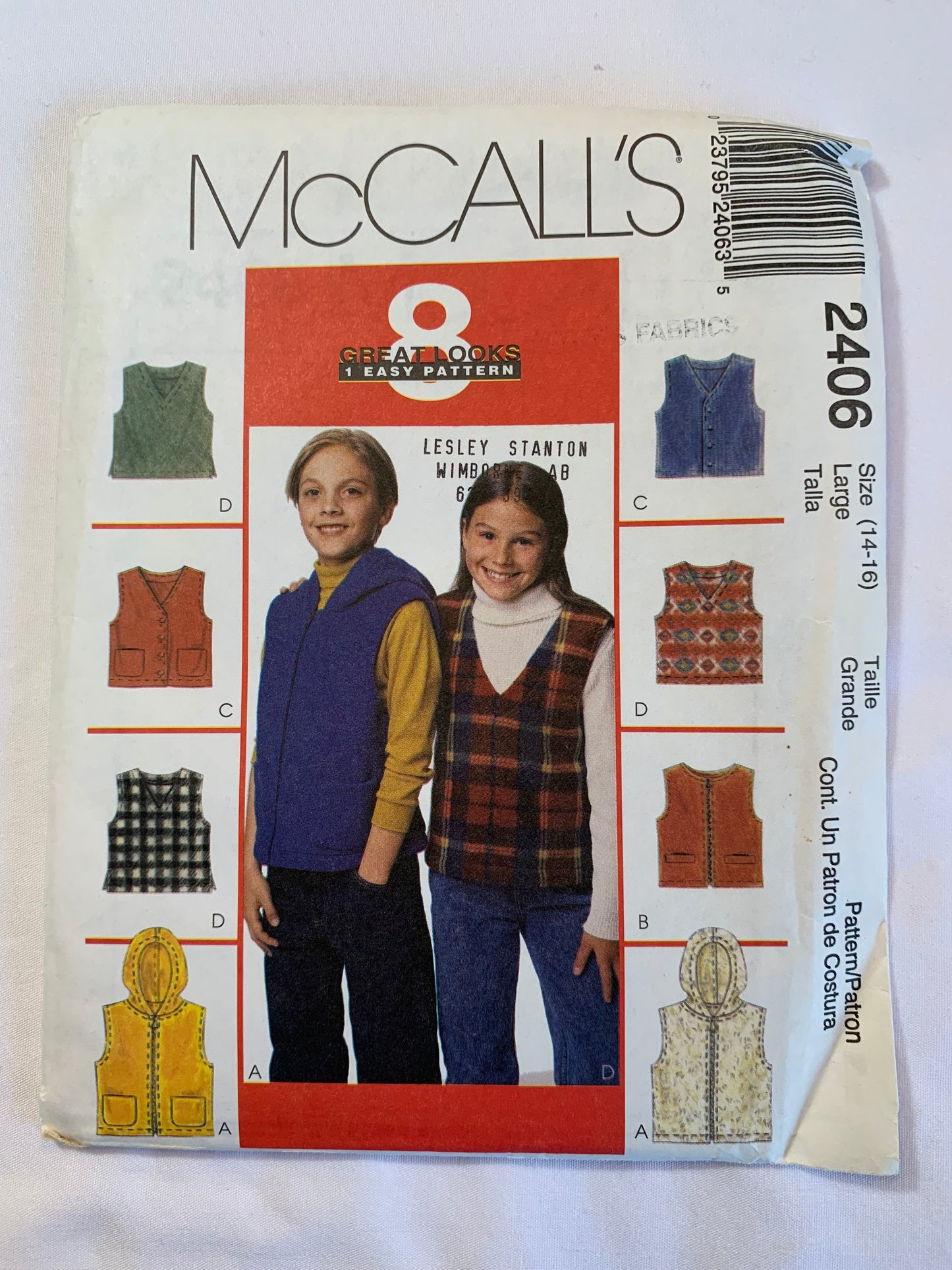 McCall's Sewing Pattern 2406 Girls'/Boys' Vest, Hood, Zipper Front, Pockets, Pullover, Slits, Size 14-16, Uncut, Vintage 1999