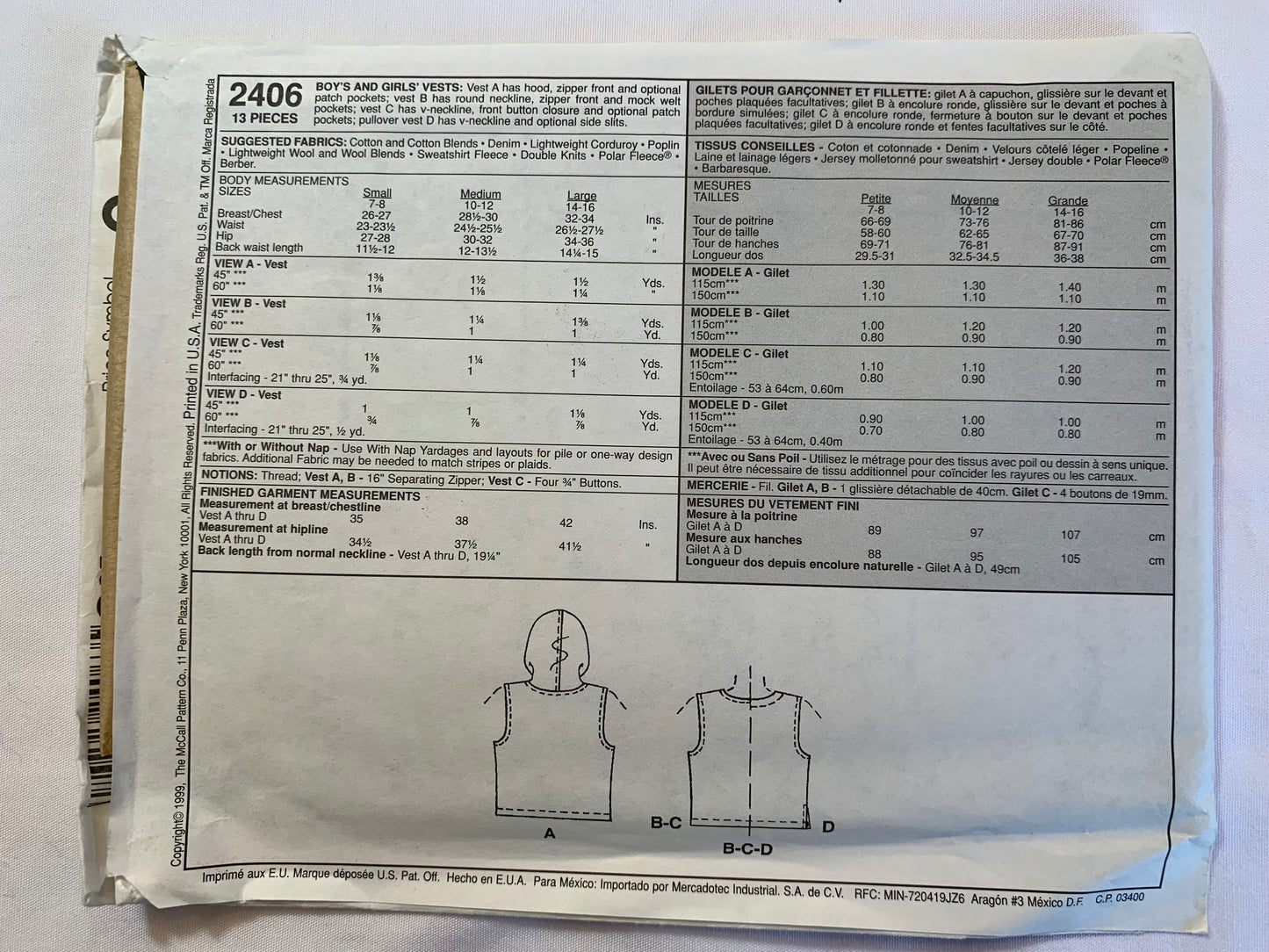 McCall's Sewing Pattern 2406 Girls'/Boys' Vest, Hood, Zipper Front, Pockets, Pullover, Slits, Size 14-16, Uncut, Vintage 1999