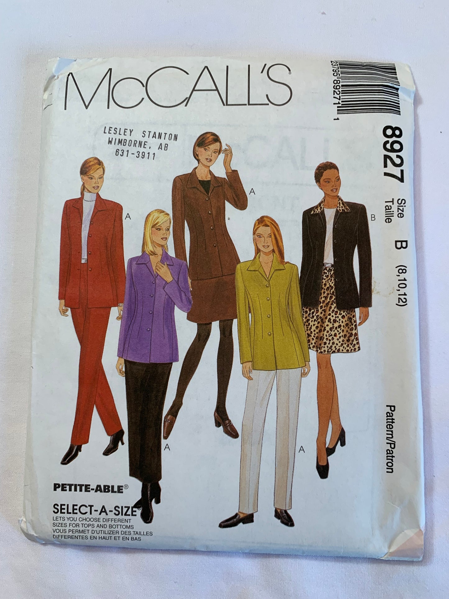 McCall's Sewing Pattern 8927 Misses' Unlined Jacket, Pants, Skirts, Easy Fitting, Princess Seams, Collar, Darts, Zipper Back, Size 8-12, Uncut, Vintage 1997
