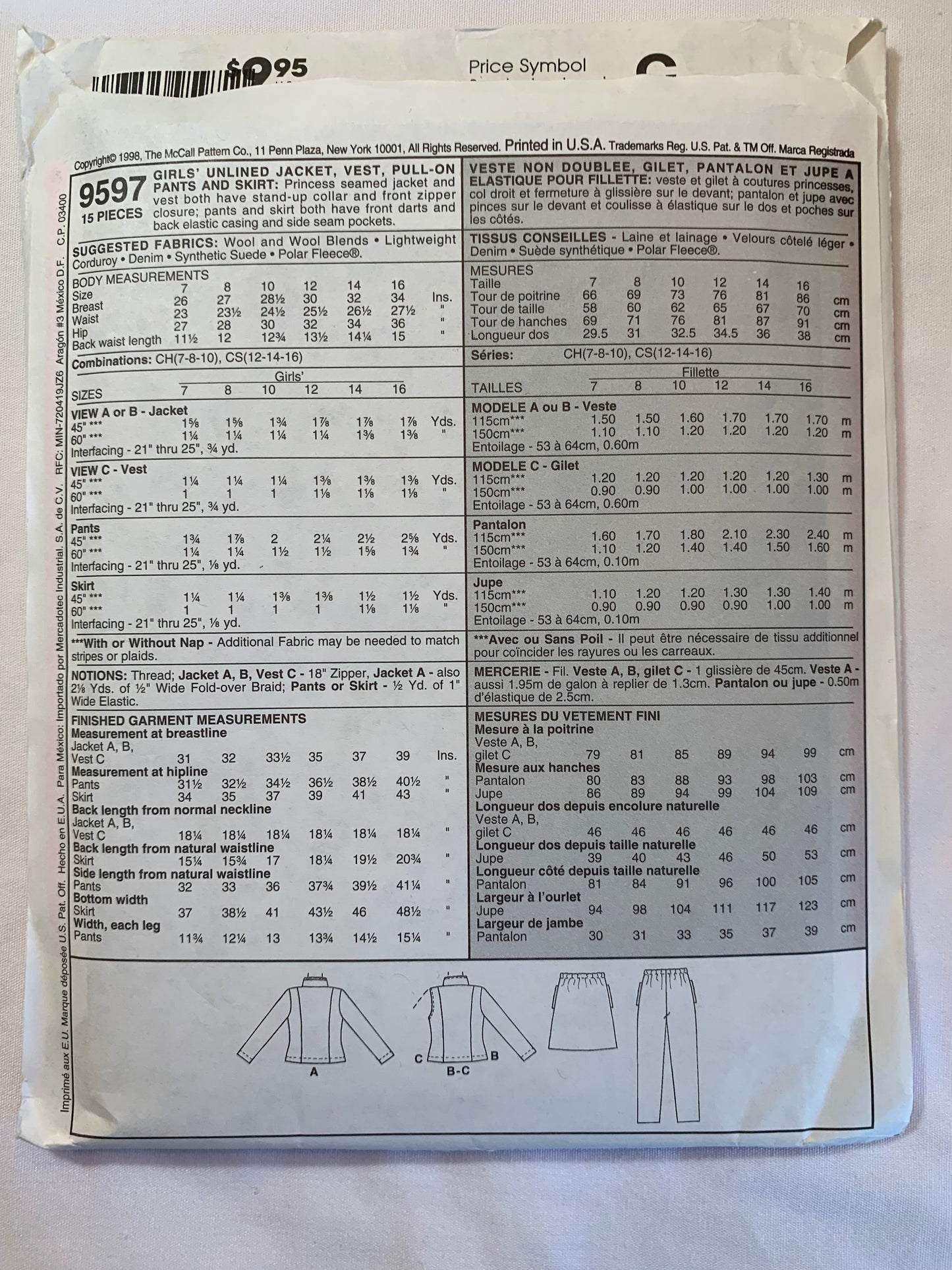 McCall's Sewing Pattern 9597 Girls' Unlined Jacket, Vest, Pull-On Pants Skirt, Princess Seams, Zipper Front, Collar, Elastic Waist, Pockets, Size 7-10, Uncut, Vintage 1998