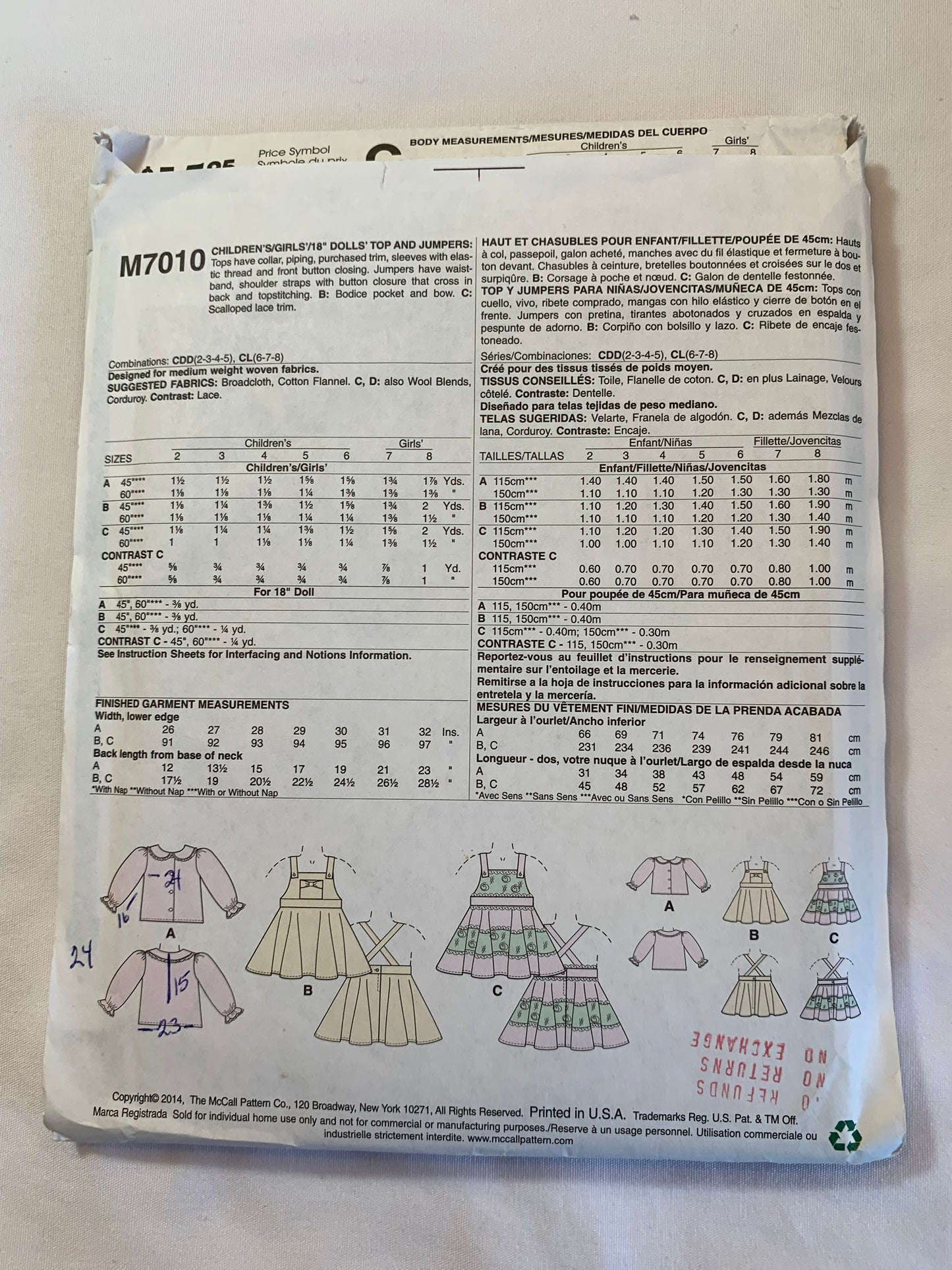 McCalls Sewing Pattern M7010 Girls' Jumper, Dress, 18" Doll, Top, Collar, Shoulder Straps, Pocket, Long Sleeves, Size 6-8, Cut, 2014