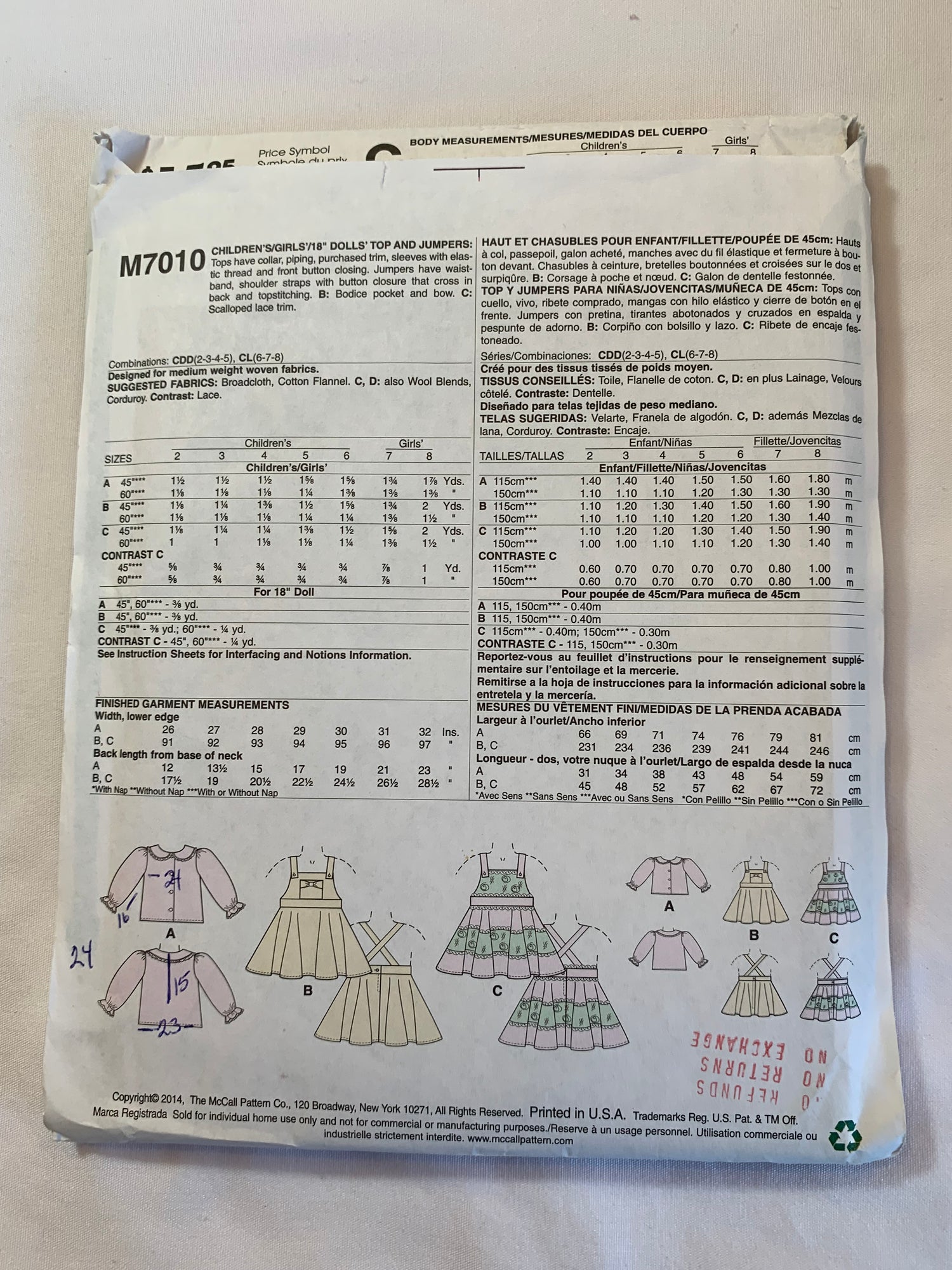 McCalls Sewing Pattern M7010 Girls' Jumper, Dress, 18" Doll, Top, Collar, Shoulder Straps, Pocket, Long Sleeves, Size 6-8, Cut, 2014