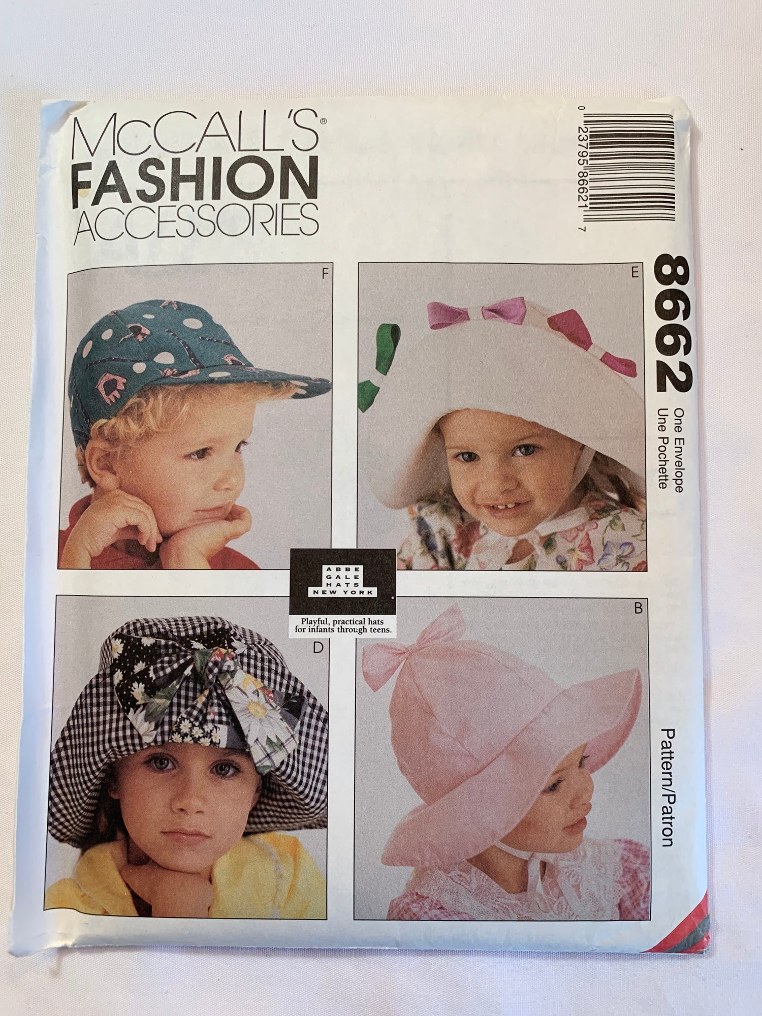 McCall's Sewing Pattern 8662 Children's/Girls' Hats, 10 Variations, Caps, Bonnets,Sun, Caps,Tams, 3 Sizes 19-22 Inches, Uncut, Vintage 1996