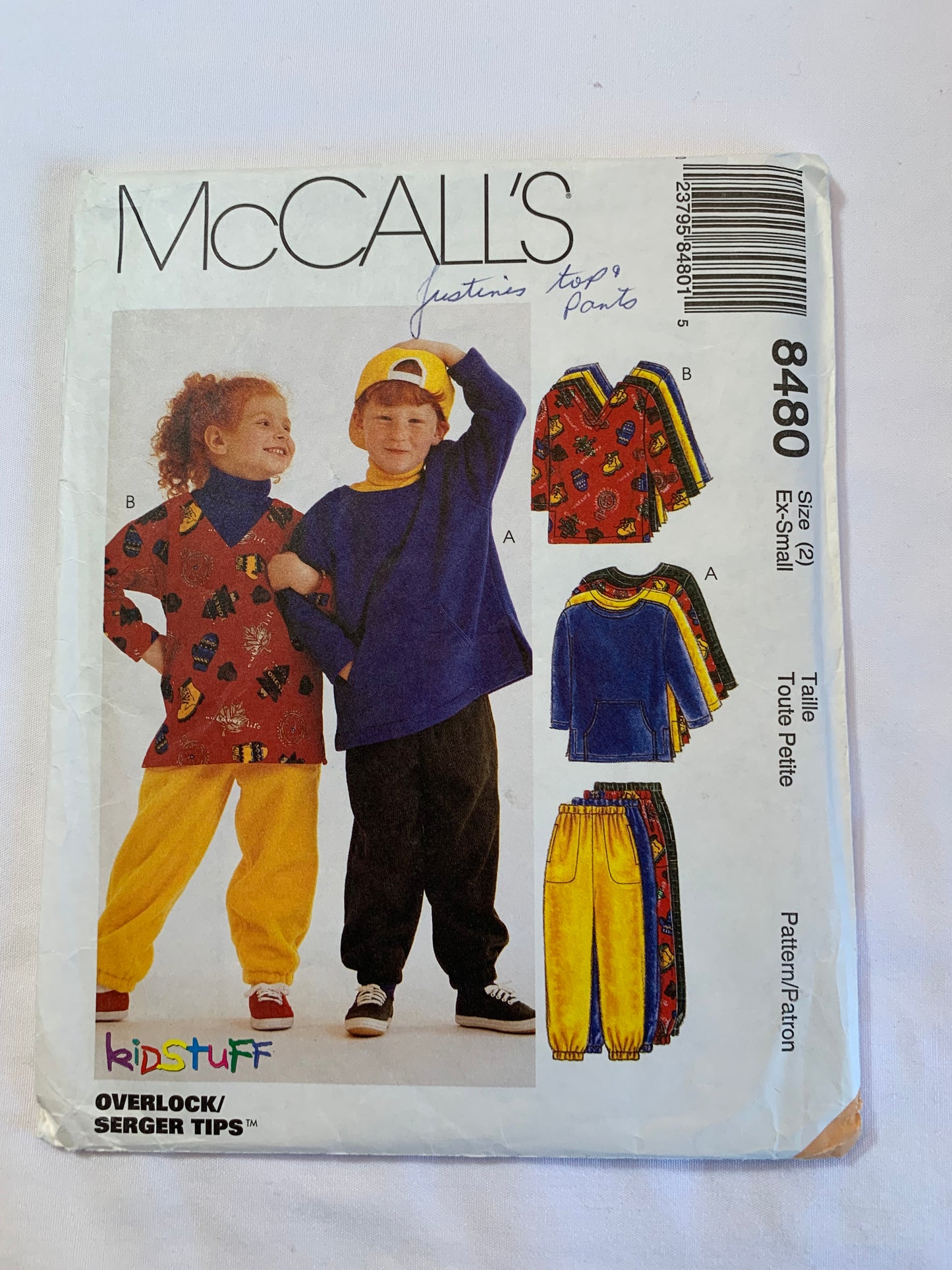 McCall's Sewing Pattern 8480 Boys'/Girls' Top, Pants, Pull-On, Pullover, Elastic Waist, Pockets, Size 2, Uncut, Vintage 1996