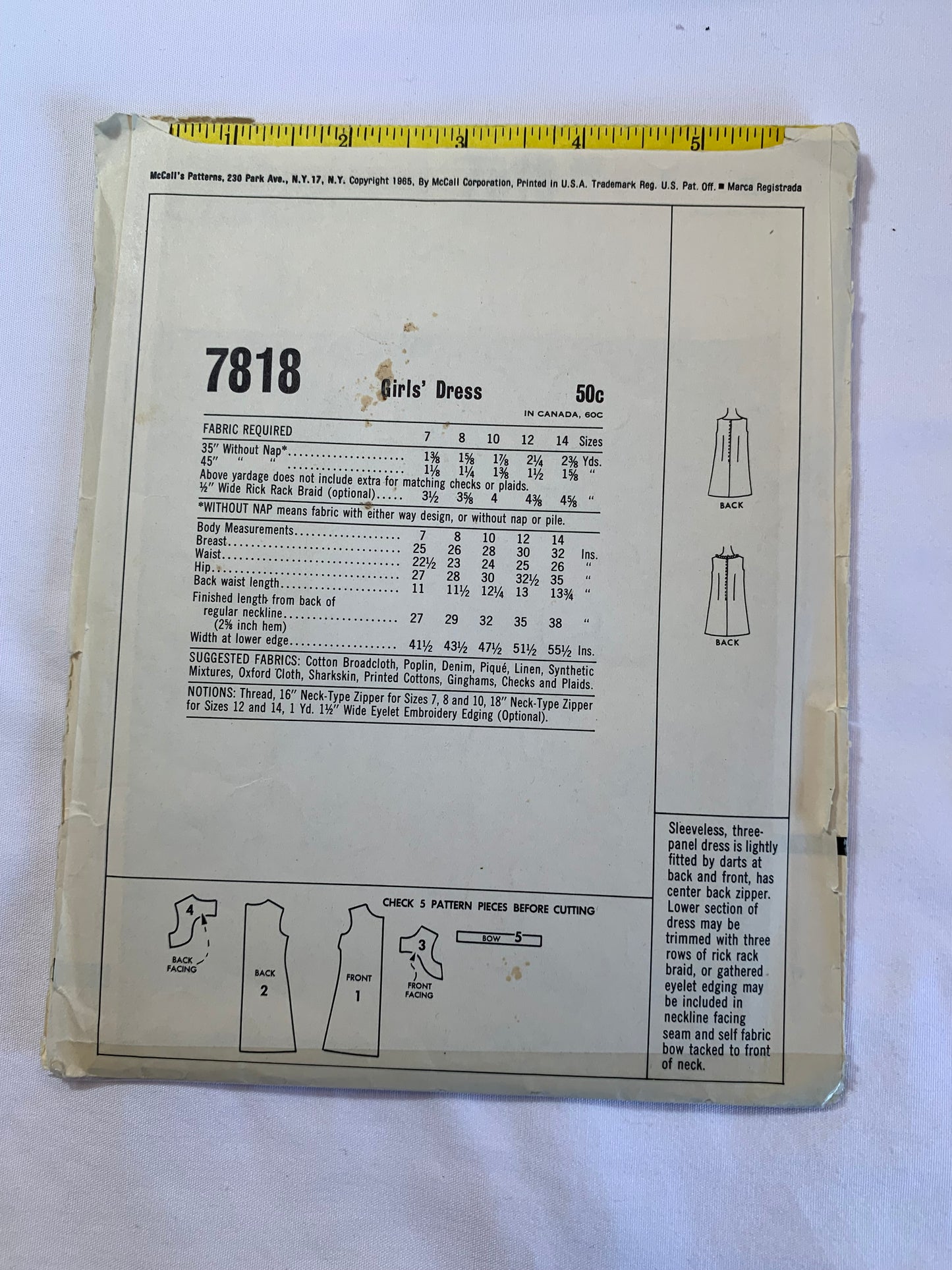 McCall's Sewing Patterns 7818 Girl's Dress, Zipper Back, Sleeveless, Fitted, 2 Variations, Size 10, Cut, Vintage 1950