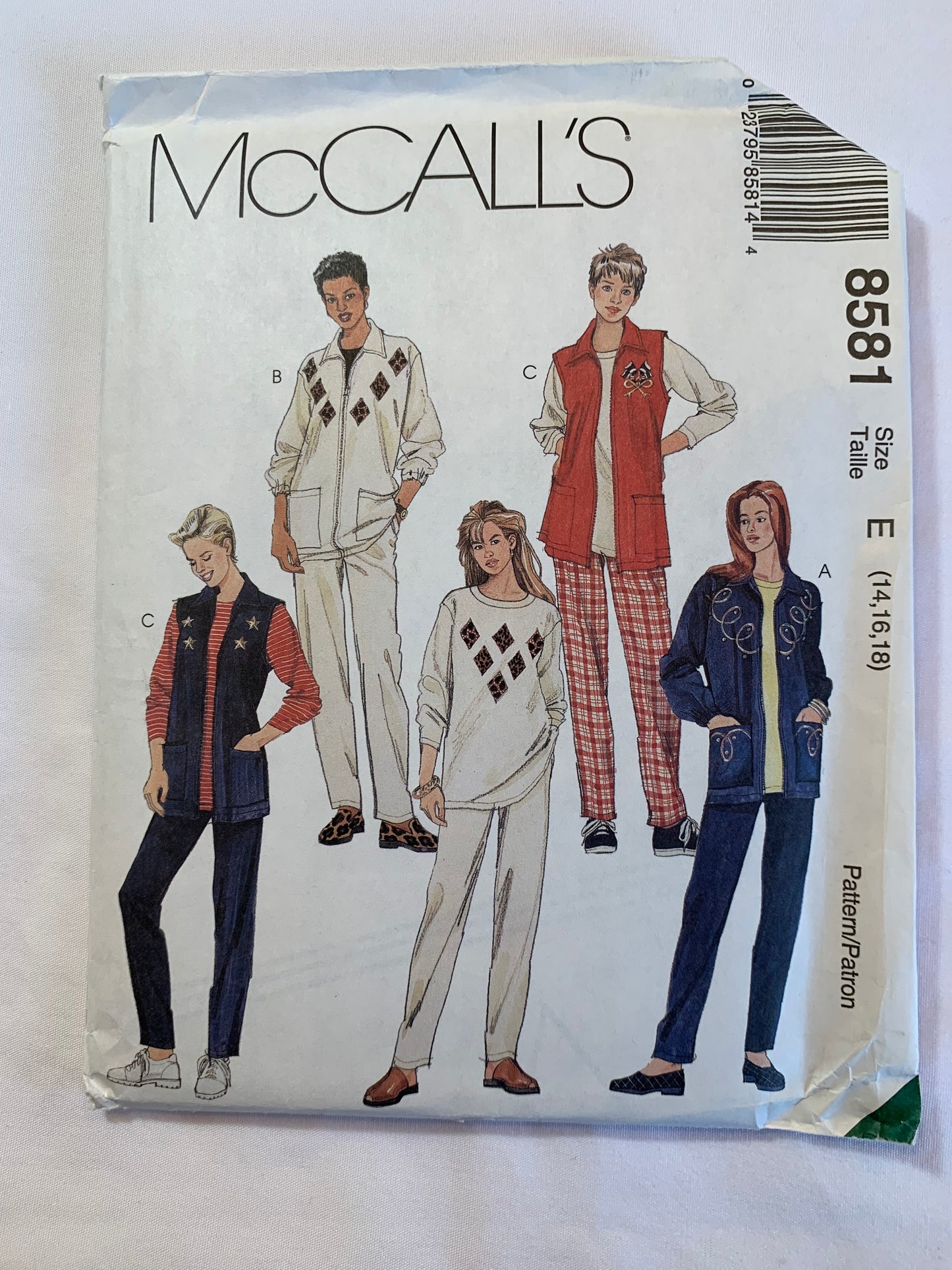 McCall's Sewing Pattern 8581 Misses' Vest, Jacket, Top, Pants, Unlined, Zipper Front, Pockets, Elastic Waist, Pull-On, Size 14-18, Uncut, Vintage 1996
