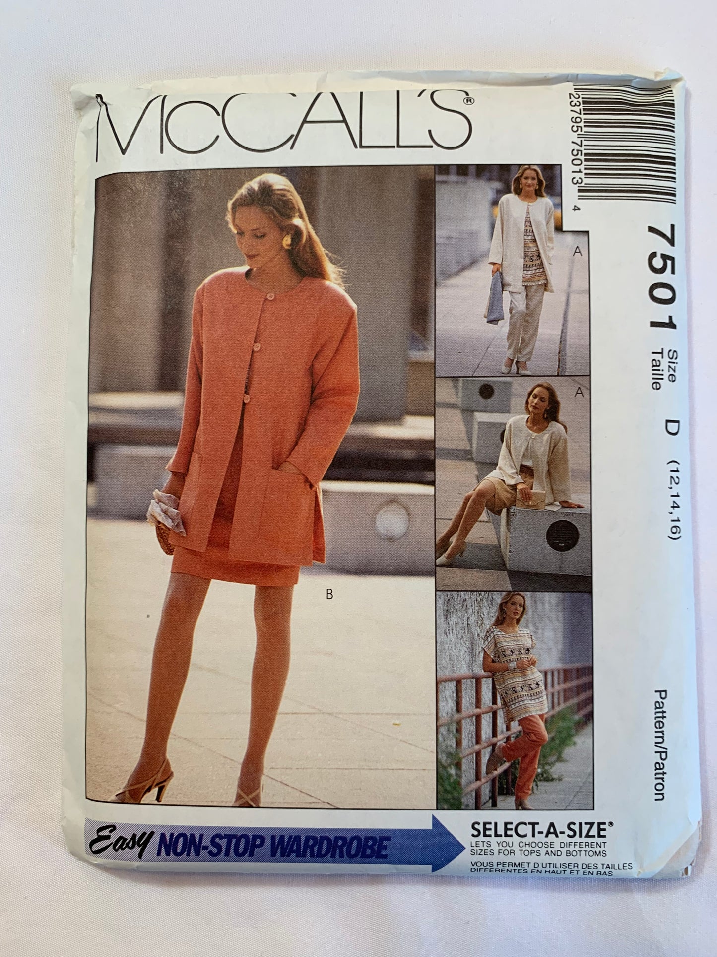 McCall's Sewing Pattern 7501 Misses' Unlined Jacket, Tunic, Top, Pull-On Pants, Skirt, Elastic Waist, Boxy, Button Front, Pockets, Pullover, Size 12-16, Uncut, Vintage 1995