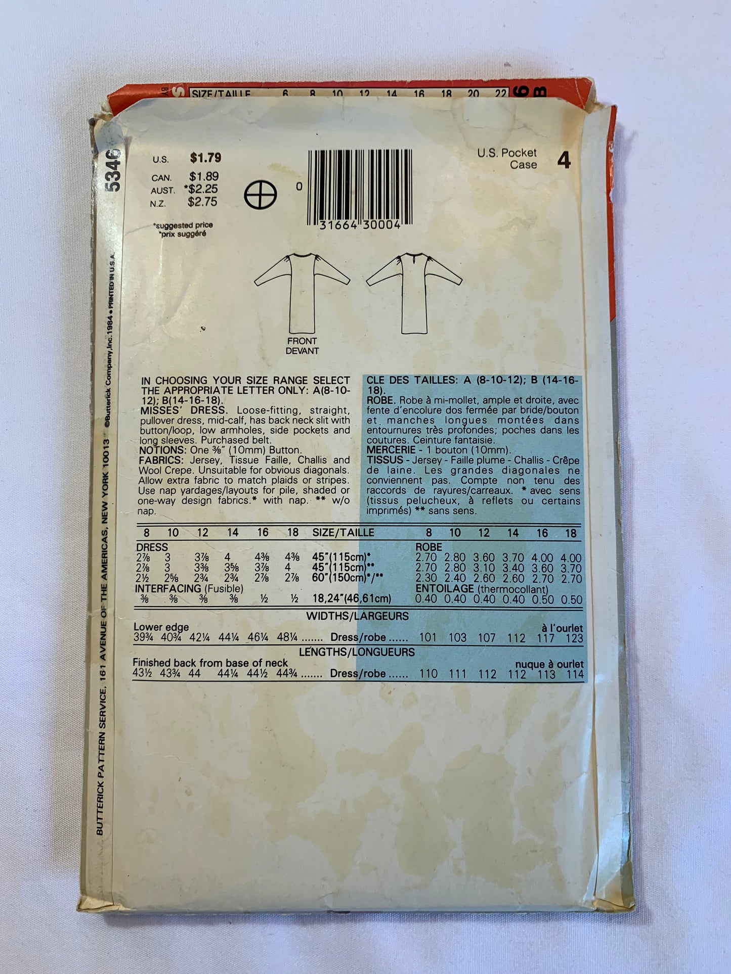 Butterick Sewing Pattern 5346 Misses' Dress, Loose-Fitting, Pullover, Long Sleeves, Pockets, Size 14, Cut, Vintage 1985