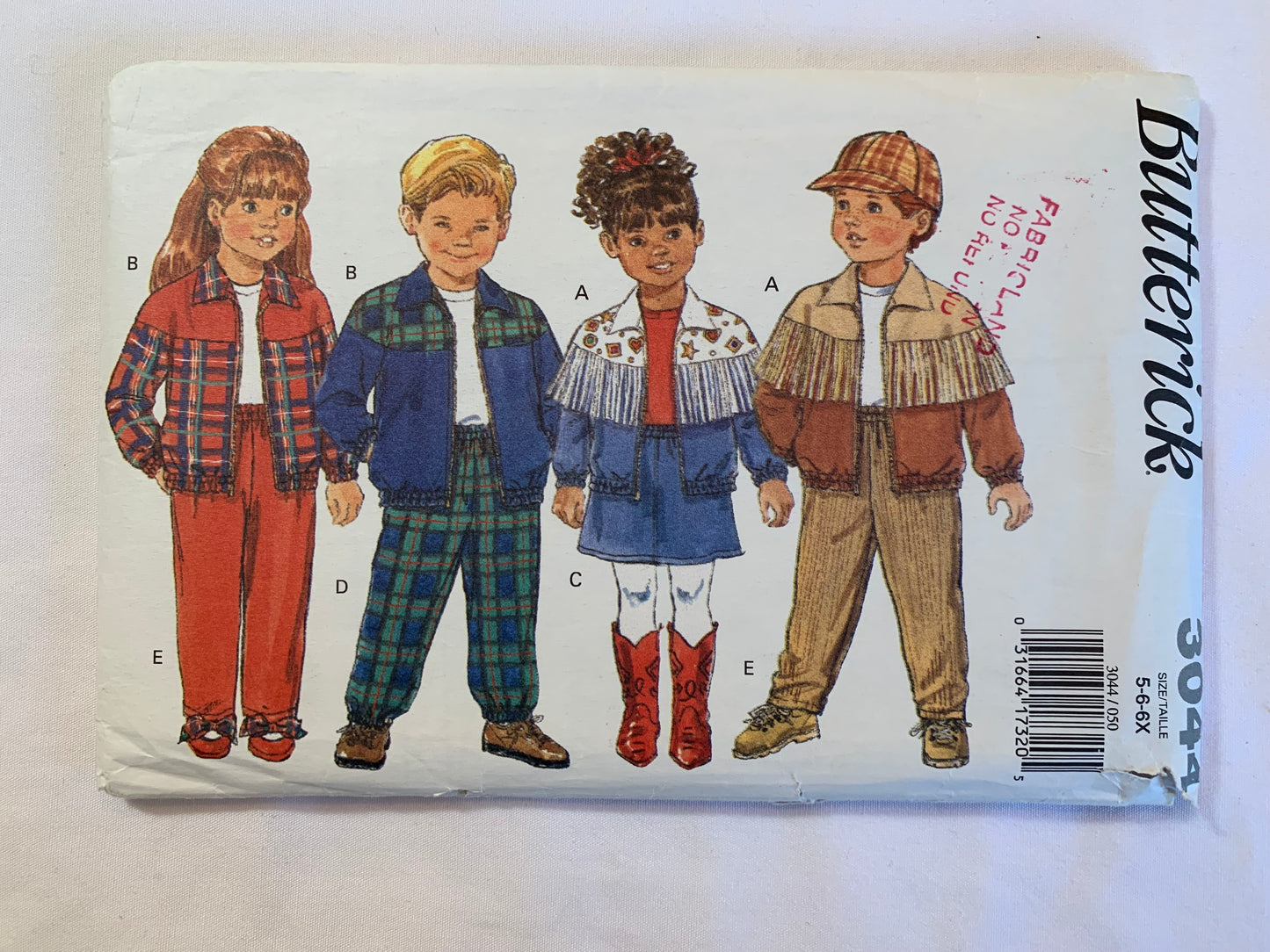 Butterick Sewing Pattern 3044 Girls'/Boys' Jacket, Skirt, Pants, Loose-Fitting, Unlined, Collar, Long Sleeves, Elastic Waist, Pockets, Size 5-6x, Cut, Vintage 1993