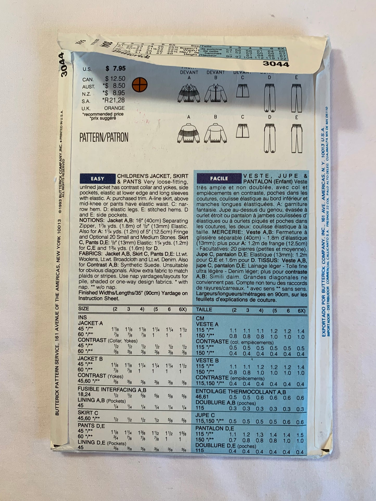 Butterick Sewing Pattern 3044 Girls'/Boys' Jacket, Skirt, Pants, Loose-Fitting, Unlined, Collar, Long Sleeves, Elastic Waist, Pockets, Size 5-6x, Cut, Vintage 1993