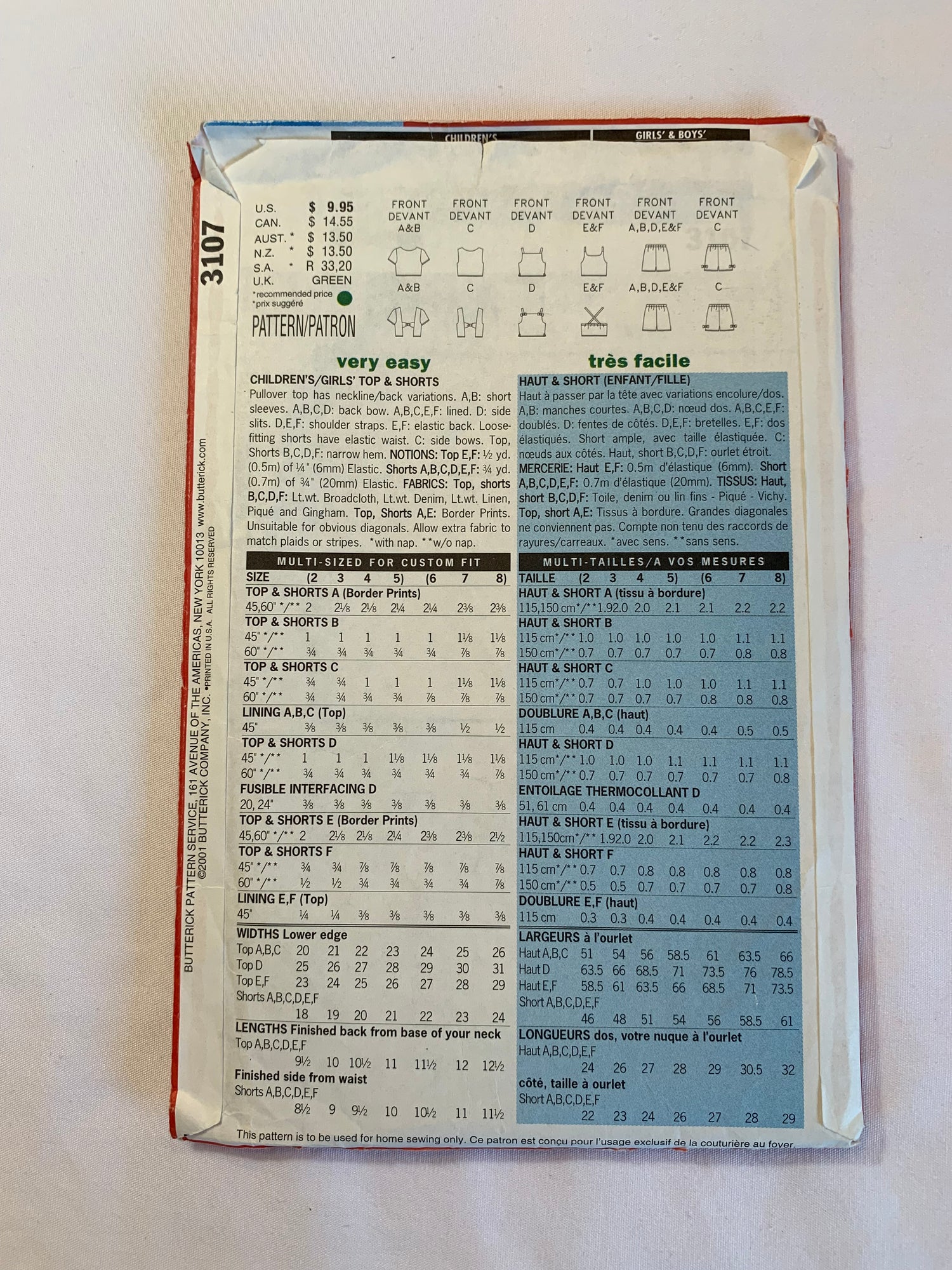 Butterick Sewing Pattern 3107 Girls' Top, Shorts, Pullover, Short Sleeves, Sleeveless, Shoulder Straps, Elastic Waist, Loose-Fitting, 9 Variations, Size 2-5, Cut, 2001