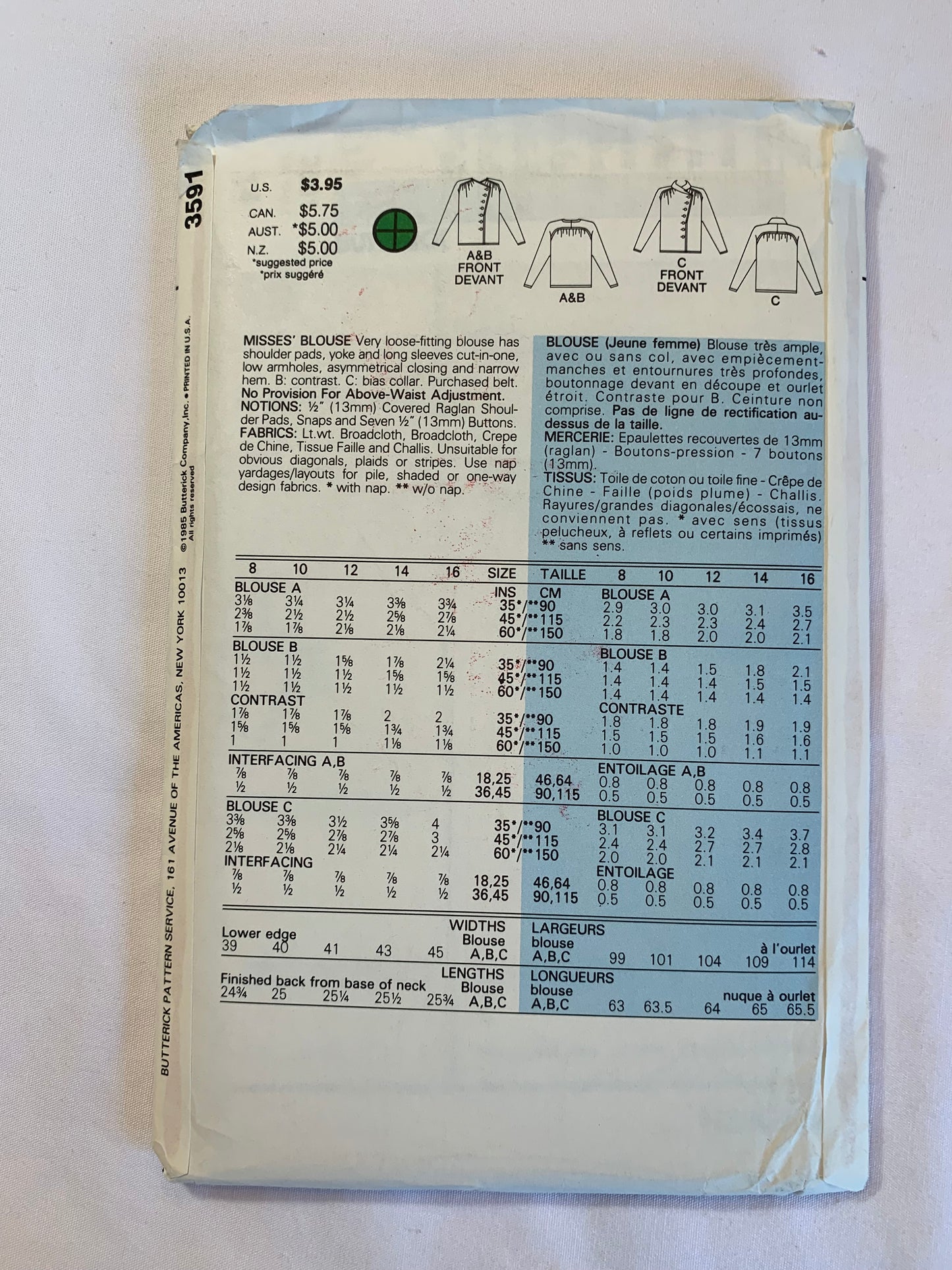 Butterick Sewing Pattern 3591 Misses' Blouses, Loose-Fitting, Long Sleeves, Button Front, Collar, Size 14, Uncut, Vintage 1985