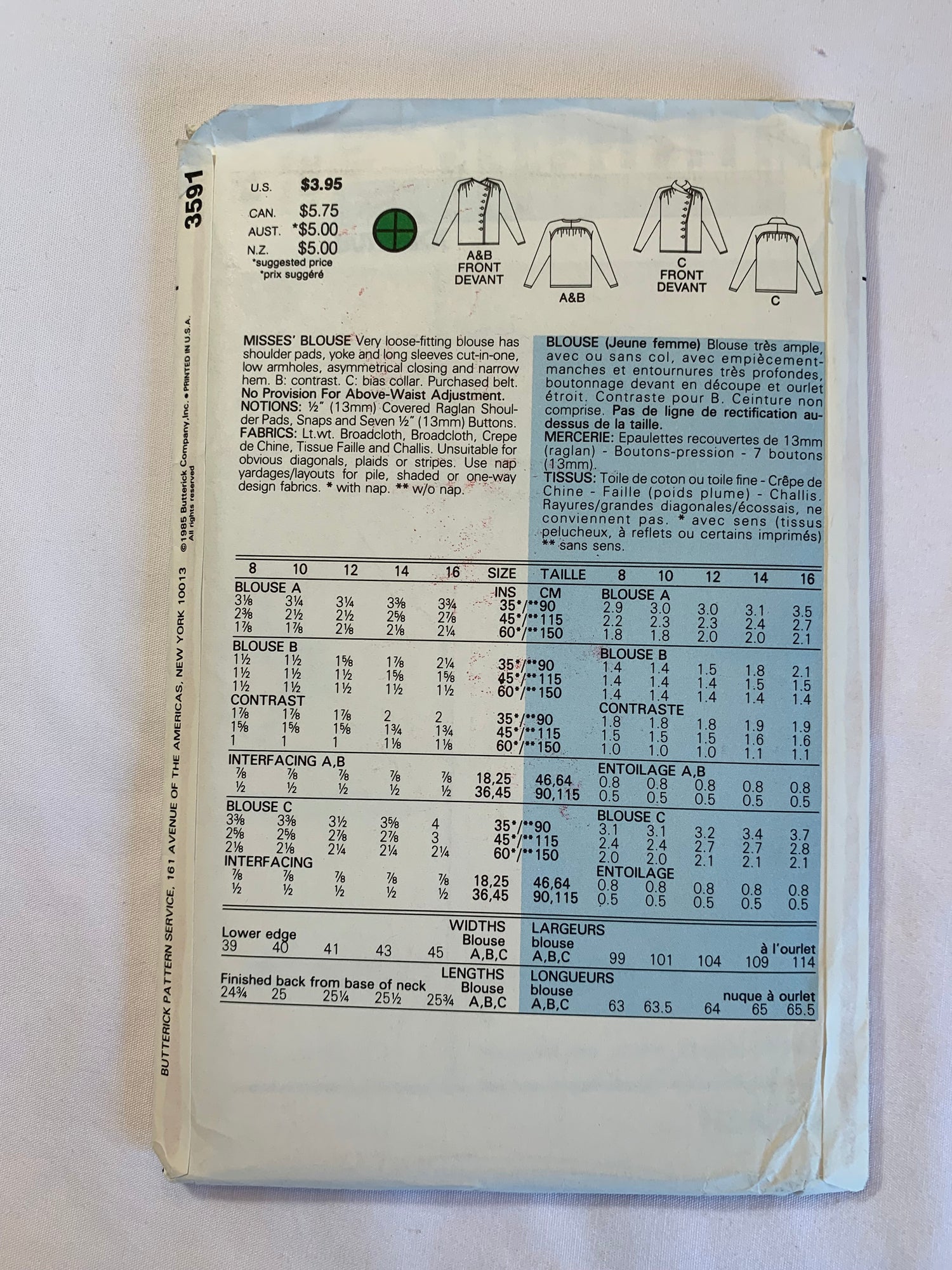 Butterick Sewing Pattern 3591 Misses' Blouses, Loose-Fitting, Long Sleeves, Button Front, Collar, Size 14, Uncut, Vintage 1985