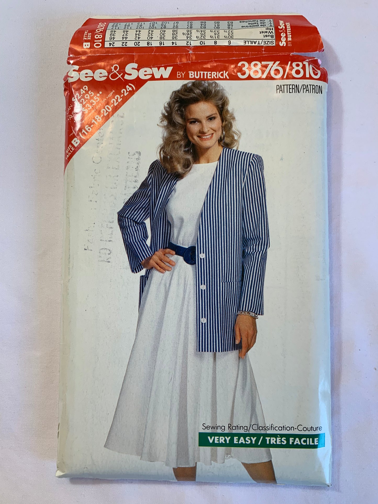 Butterick Sewing Pattern See & Sew 3876 Misses'/Misses' Petite Top, Skirt, Jacket, Loose-Fitting, Shoulder Pads, Side Zipper, Pockets, Pullover, Size 16-24, Cut, Vintage 1989