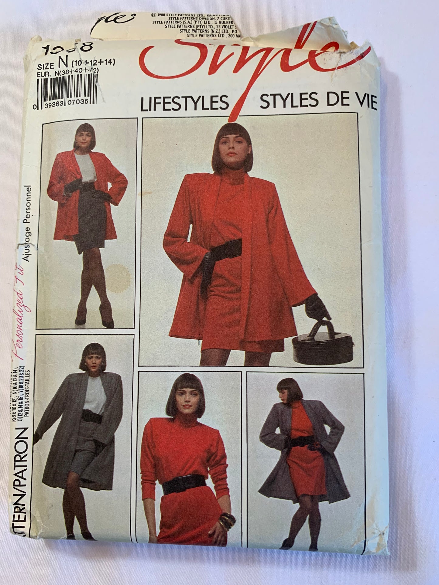 Style Sewing Pattern 1368 Misses' Unlined Jacket, Coat, Dress, Tunic, Skirt, Loose-Fitting, Long Sleeves, Zipper Back, Collar, Shoulder Pads, Size 10-142, Uncut, Vintage 1988