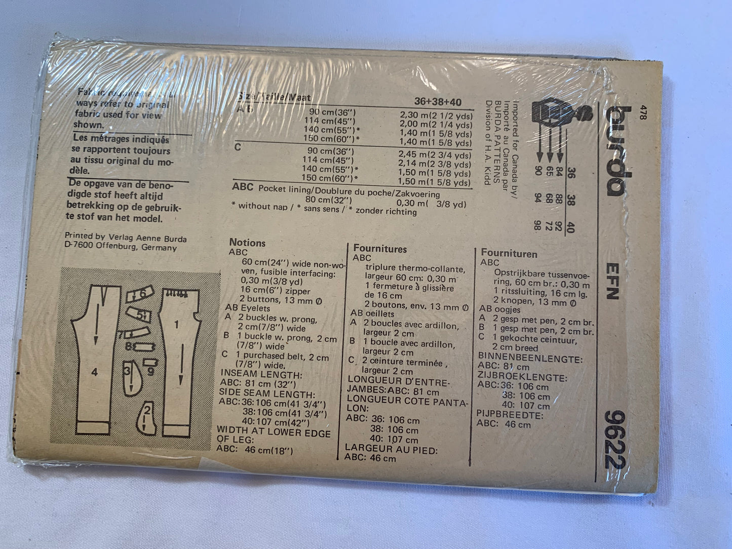 Burda Sewing Pattern 9622 Misses' Pants, Zipper Fly, Close-Fitting, Pockets, 3 Variations, Size 10-14, Cut, 2017