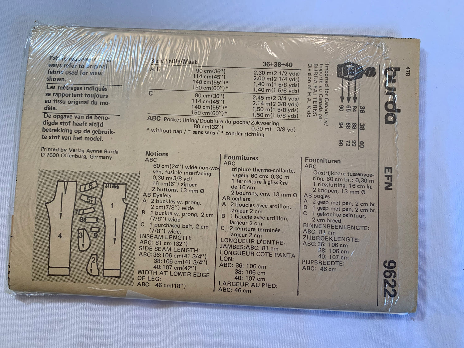Burda Sewing Pattern 9622 Misses' Pants, Zipper Fly, Close-Fitting, Pockets, 3 Variations, Size 10-14, Cut, 2017