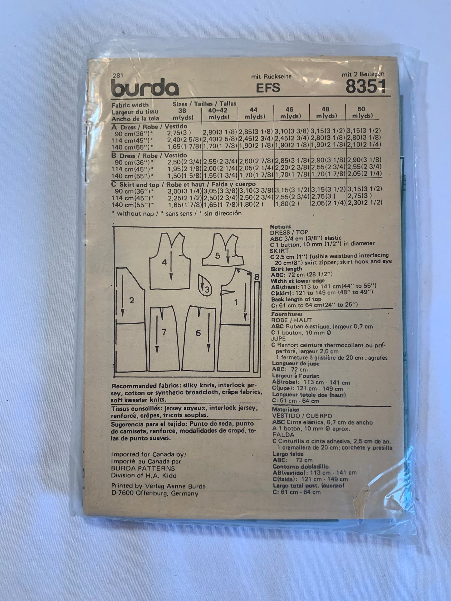 Burda Sewing Pattern 8351 Misses' Dress, Top, Skirt, Zipper Back, Long/Short Sleeves, Pullover, Elastic Waist, Size 12-18, Cut, 2000
