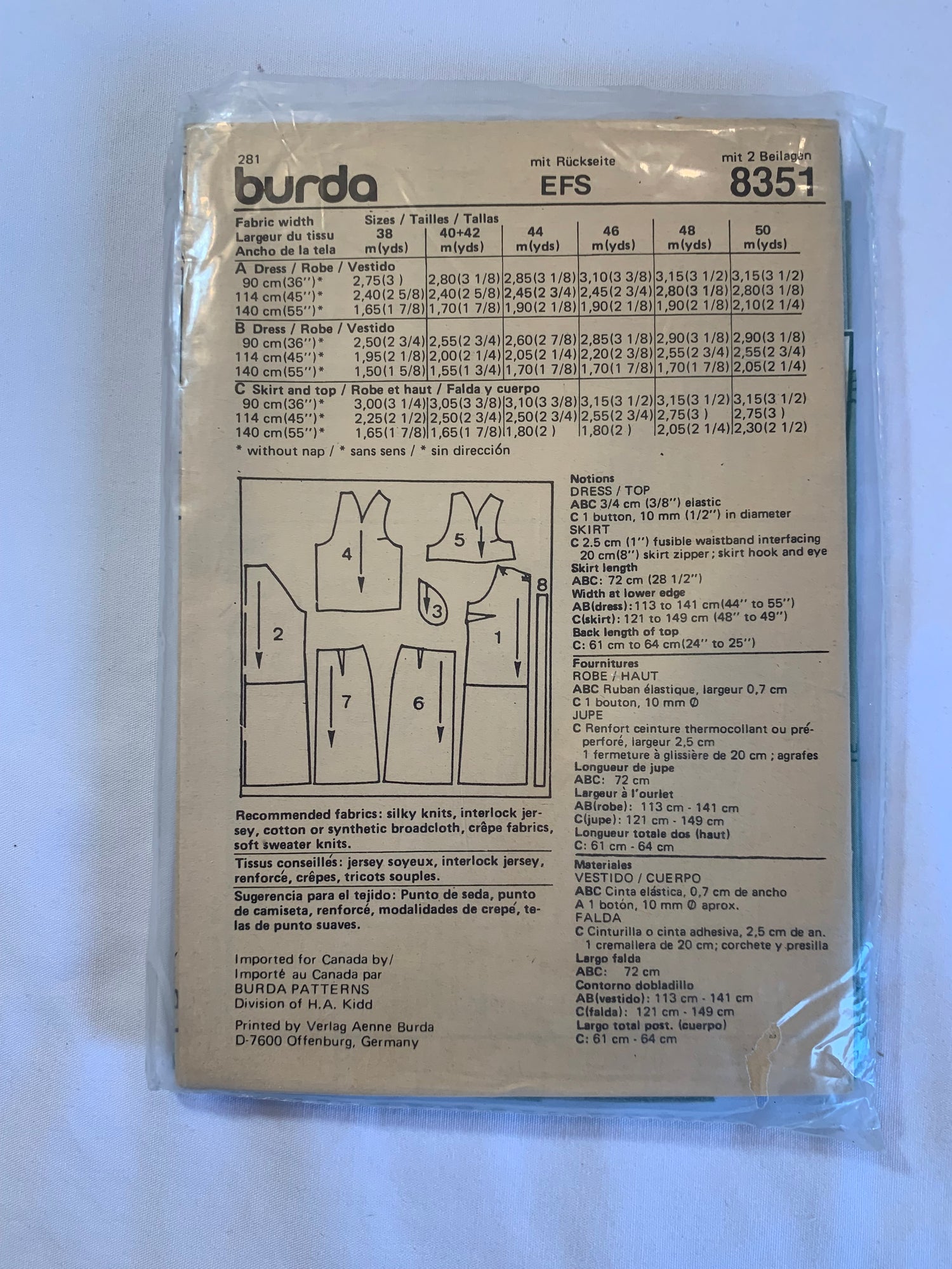 Burda Sewing Pattern 8351 Misses' Dress, Top, Skirt, Zipper Back, Long/Short Sleeves, Pullover, Elastic Waist, Size 12-18, Cut, 2000