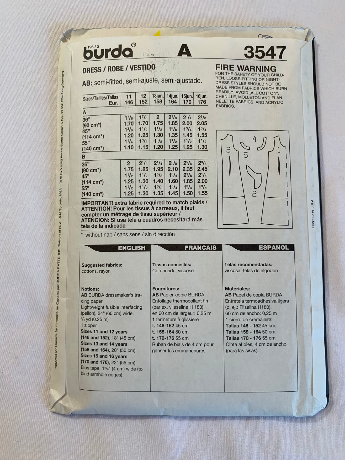 Burda Sewing Pattern 3547 Girls' Dress, Sleeveless, Two Lengths, Zipper Back, Round Neckline, Loose-Fitting, 2 Variations, Size 11-16, Cut, 2016