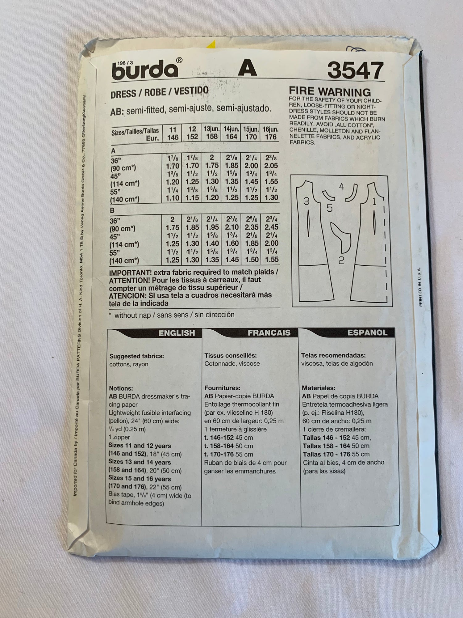 Burda Sewing Pattern 3547 Girls' Dress, Sleeveless, Two Lengths, Zipper Back, Round Neckline, Loose-Fitting, 2 Variations, Size 11-16, Cut, 2016