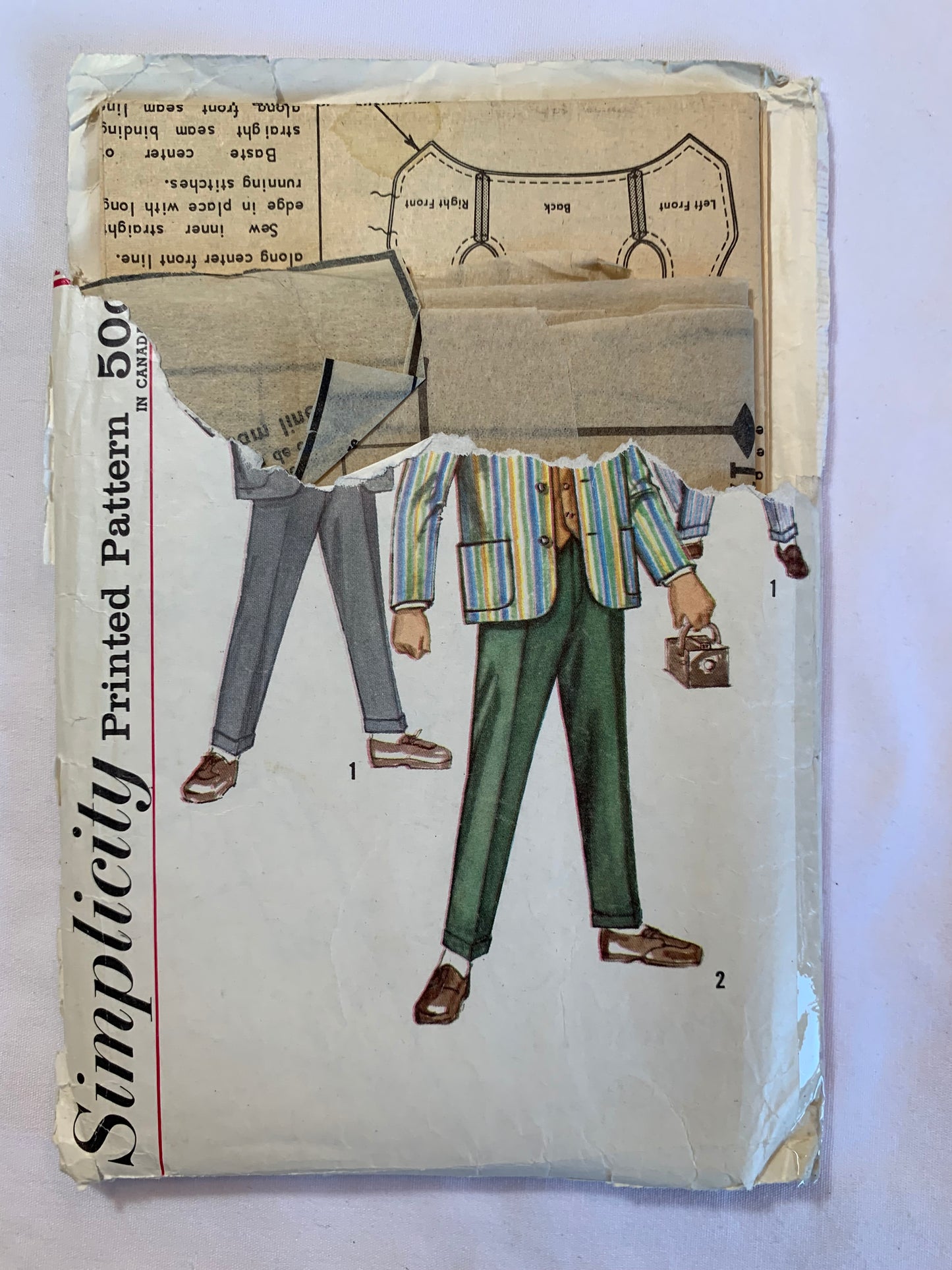 Simplicity Sewing Pattern 4836 Boys' Pants, Vest, Jacket, Zipper Fly, Pockets, Shoulder Straps, Button Front, Suit, Size 2, Cut, Vintage 1968