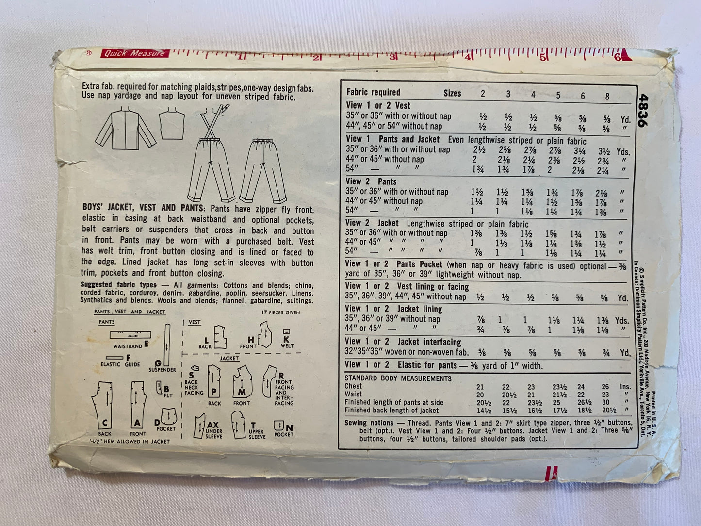 Simplicity Sewing Pattern 4836 Boys' Pants, Vest, Jacket, Zipper Fly, Pockets, Shoulder Straps, Button Front, Suit, Size 2, Cut, Vintage 1968