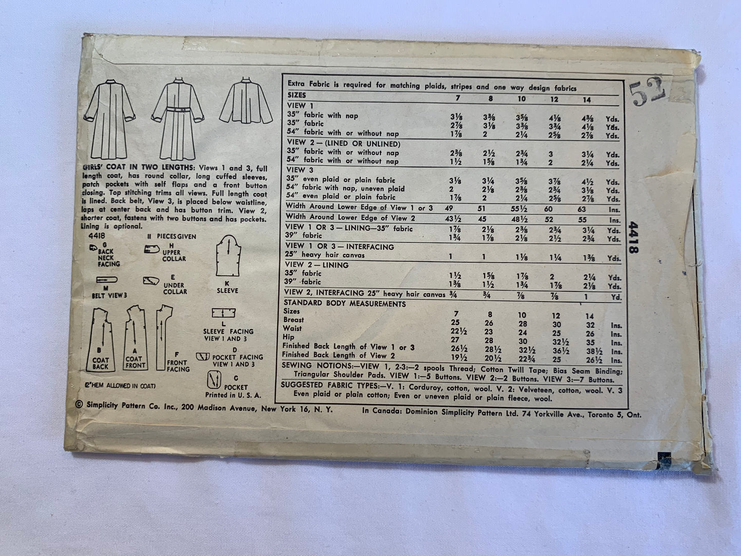 Simplicity Sewing Pattern 4418 Girls' Coat, Two Lengths, Long Sleeves, Pockets, Button Front, Collar, Size 8, Cut, Vintage 1960