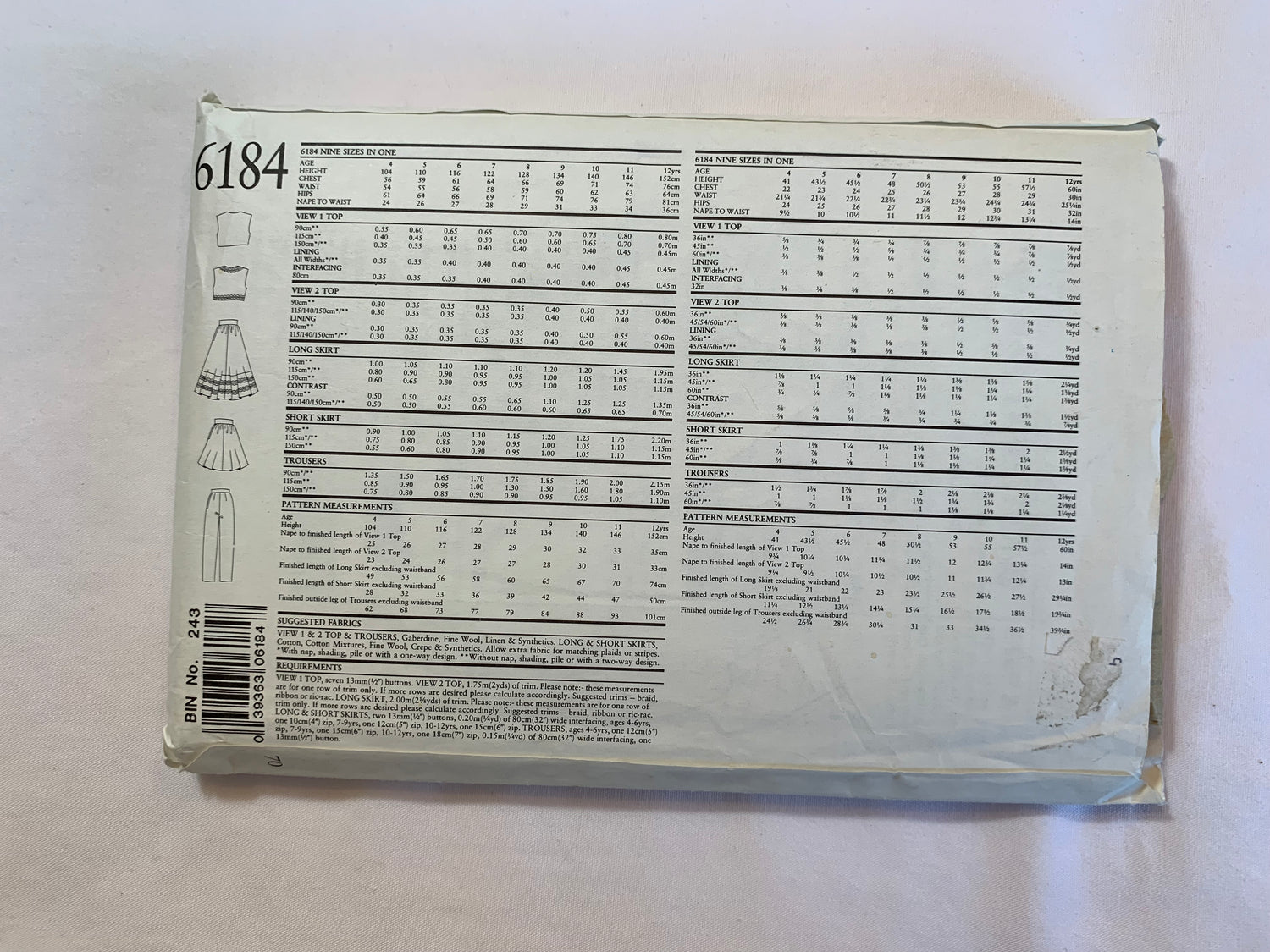 Simplicity New Look Sewing Pattern 6184 Girls' Tops, Skirt, Pants, Zipper Back, Two Lenghts, Sleeveless, Button Front, Long Sleeves, Turtle Neck, Size 4-11, Uncut, Vintage 1999