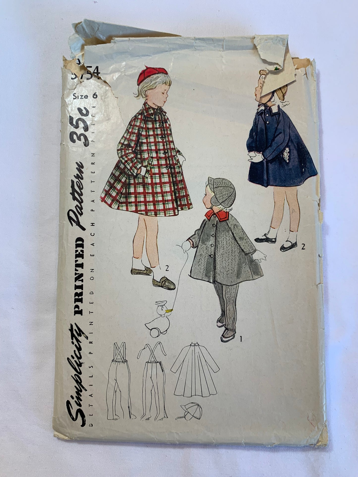 Simplicity Sewing Pattern 3754 Girls' Pyramid Coat, Detachable Collar, Leggings, Hat, Snowsuit, Long Raglan Sleeves, Chin Straps, Button Front, Size 6, Cut, Vintage 1950