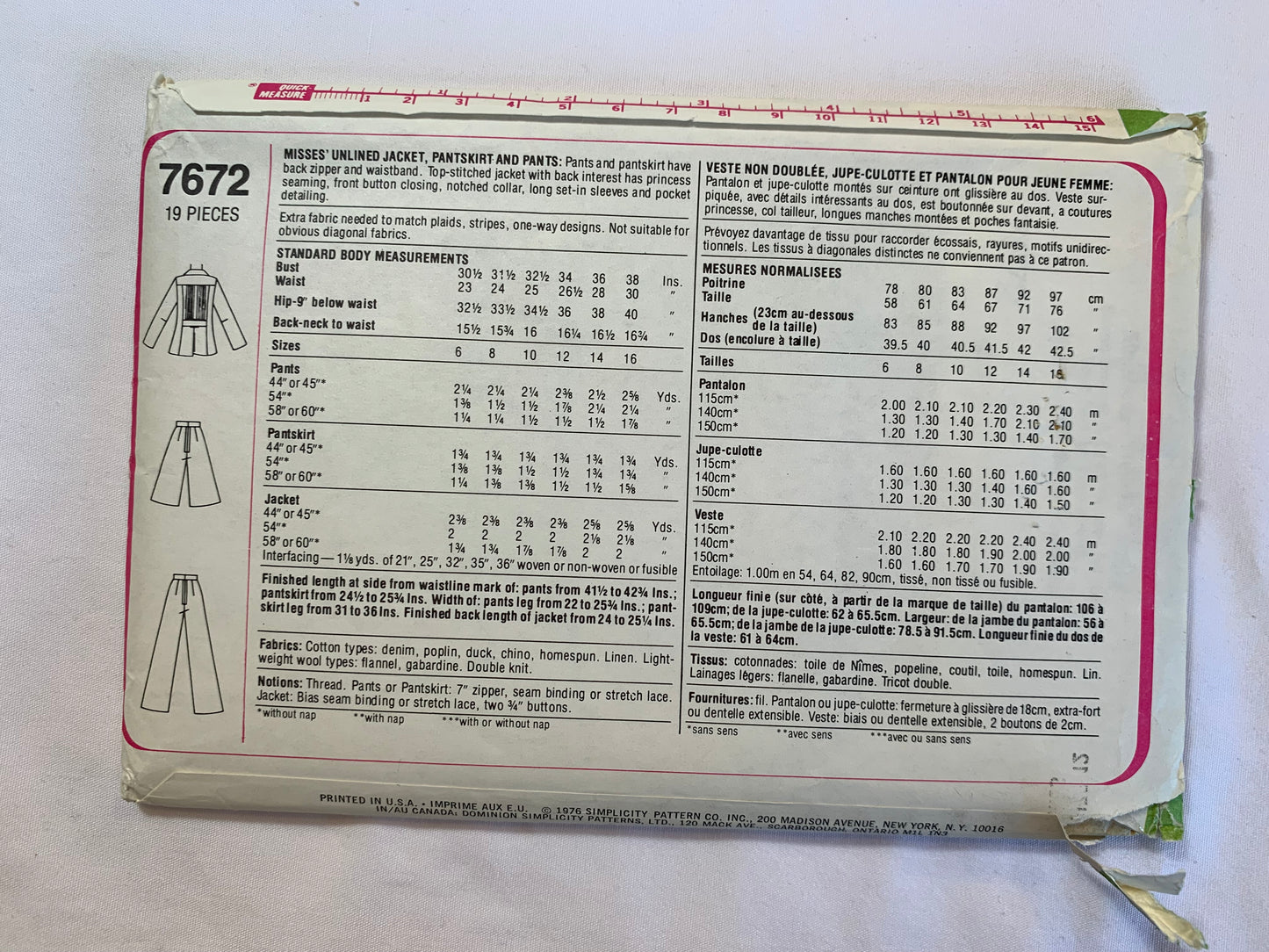 Simplicity Sewing Pattern 7672 Misses' Unlined Jacket, Pantskirt Pants, Zipper Back, Button Front, Princess Seams, Collar, Long Sleeves, Size 12, Cut, Vintage 1976