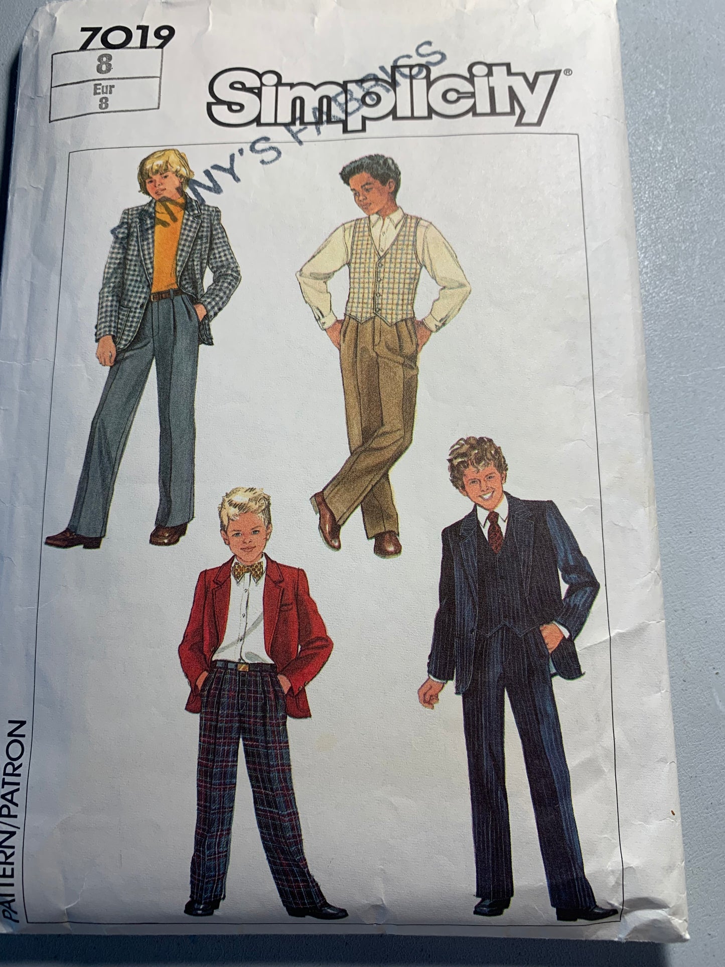 Simplicity Sewing Pattern 7019 Boys' Pants, Lined Jacket & Vest, Long Sleeves, Zipper Fly, Button Front, Pockets, Collar, Size 8, Cut, Vintage 1985