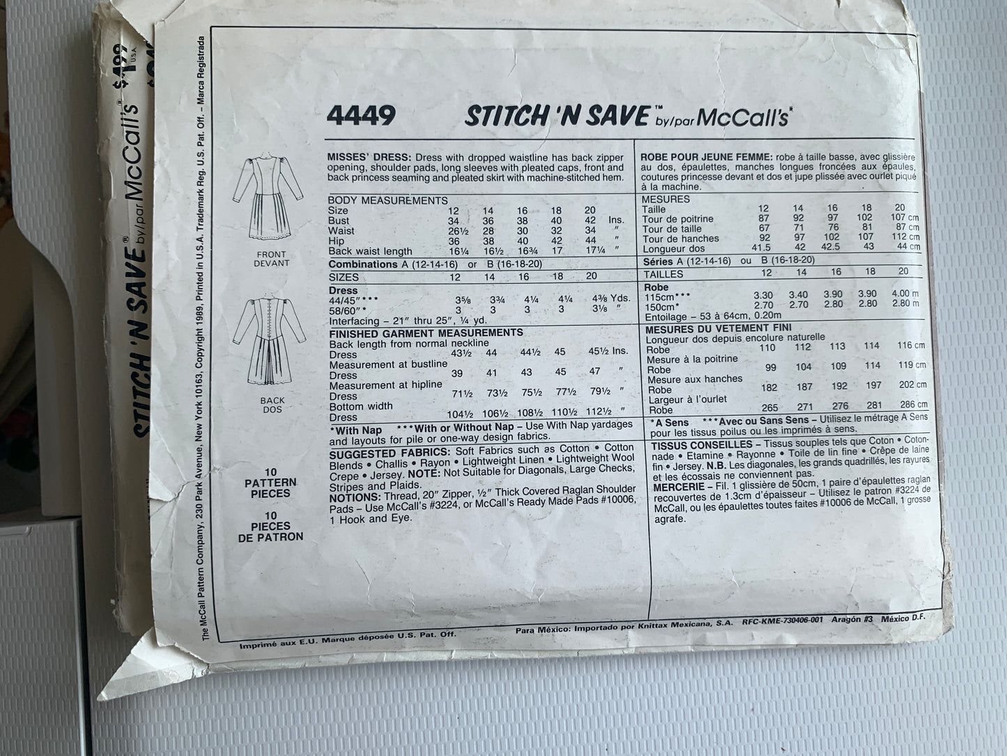 McCall's Stitch 'N Save Sewing Pattern 4449 Misses' Dress, Shoulder Pads, Dropped Waist, Button Front, Pleated Skirt, Princess Seams, Size 16-20, Uncut, Vintage 1989