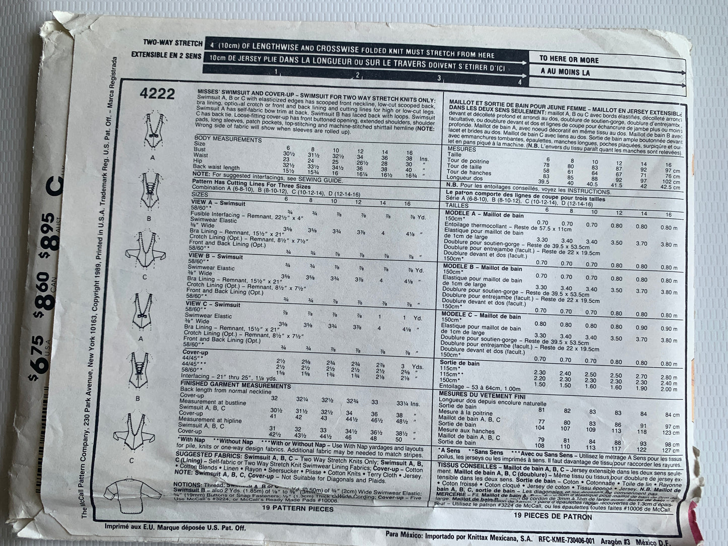 McCall's Sewing Pattern Misses' Swimsuit, Cover-Up, One Piece, Size 14-16, Uncut, Vintage 1989