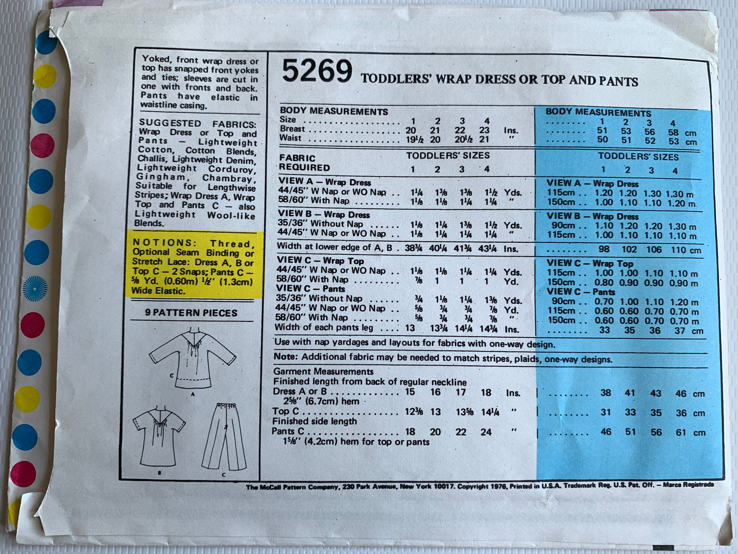 McCall's Sewing Pattern 5269 Toddlers Wrap Dress, Top, Pants, Snapped Front, Elastic Waistband, Size 1, Uncut, Vintage 1975