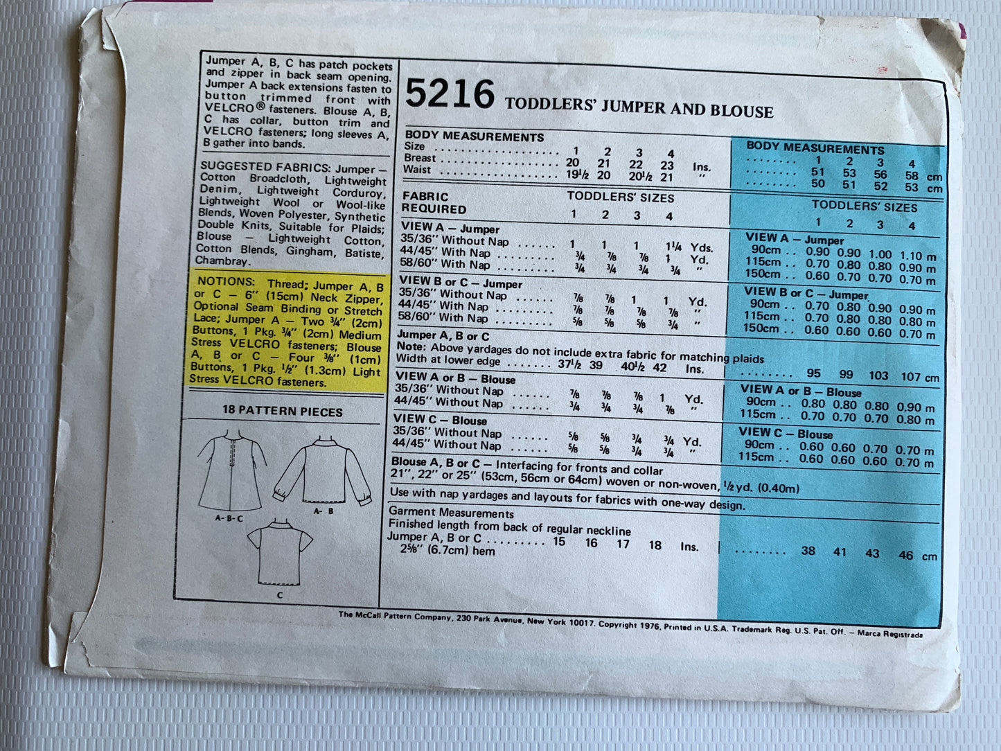 McCall's Sewing Pattern 5216 Toddlers'/Girls' Jumper, Top, Zipper Back, Size 1, Uncut, Vintage 1976