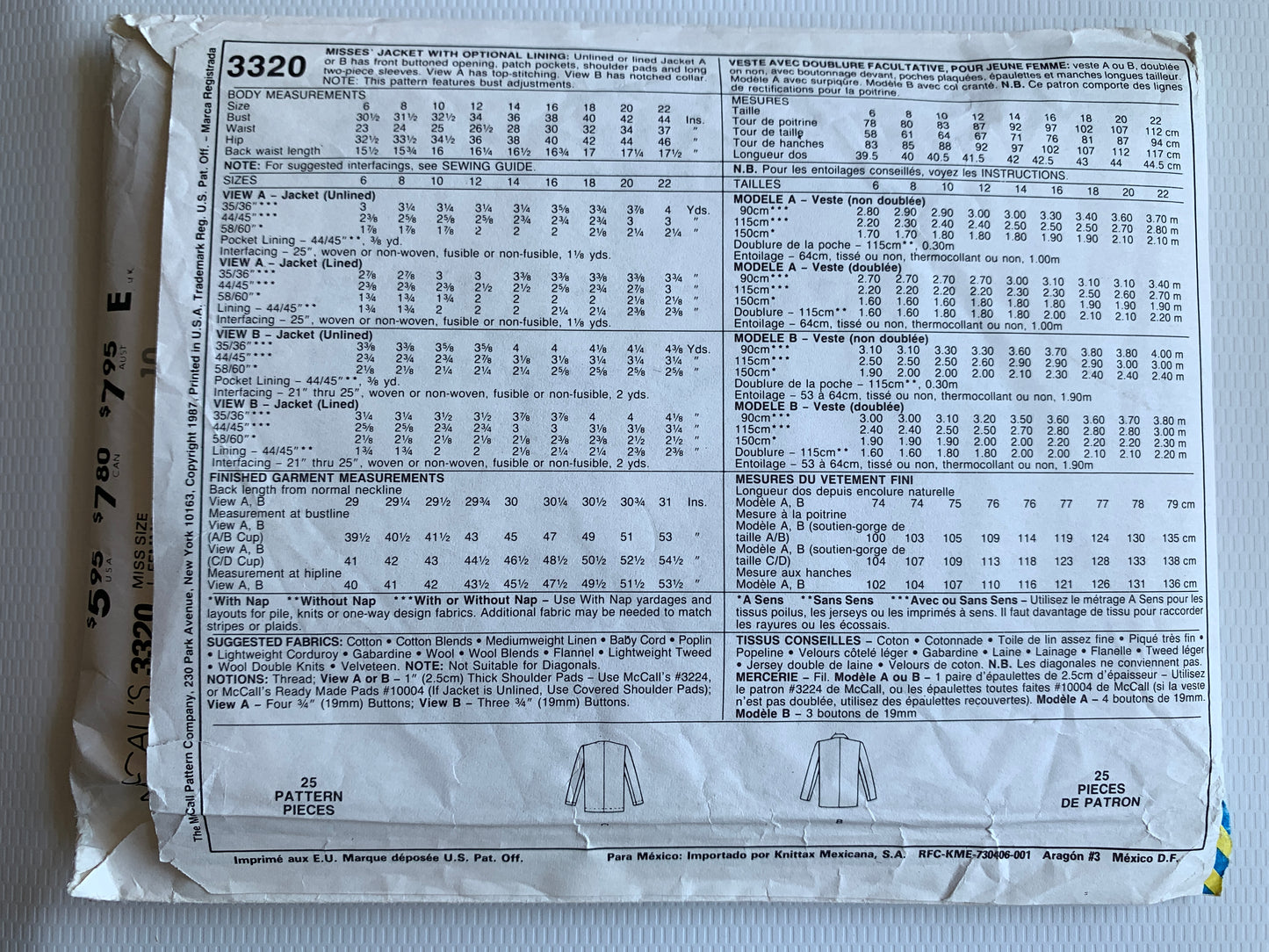 McCall's Sewing Pattern 3320 Misses' Jacket, Lined/Unlined, Button Front, Pockets, Collar, Shoulder Pads, Size 10, Uncut, Vintage 1987