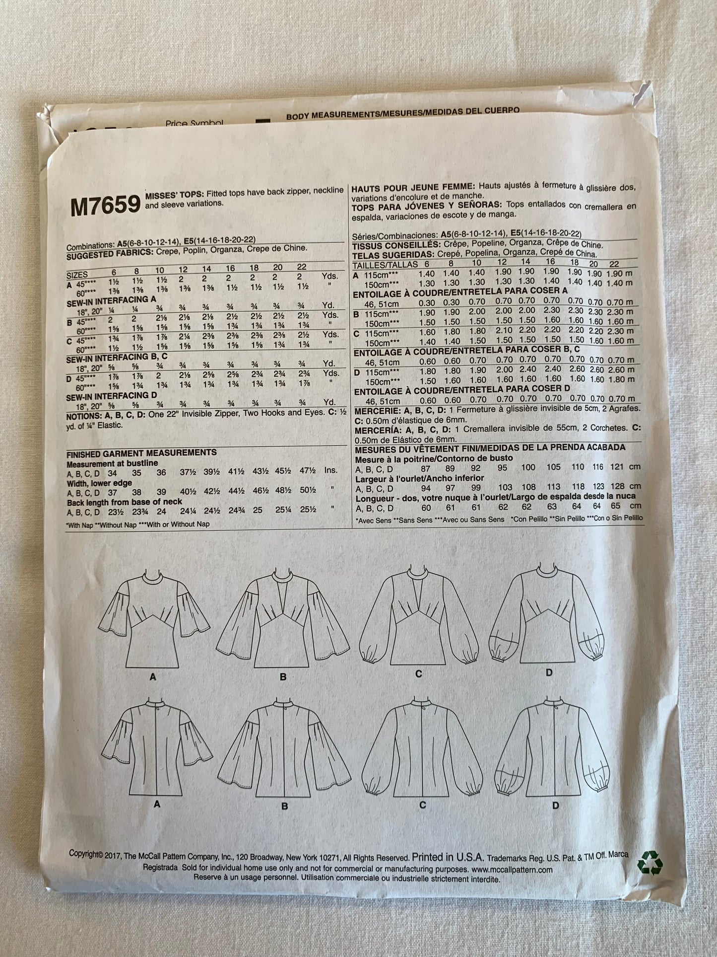 McCall's Sewing Pattern M7659 Misses' Tops, Fitted Zipper Back, Long Short Sleeves, 4 Variations, Size 14-22, Uncut, 2017