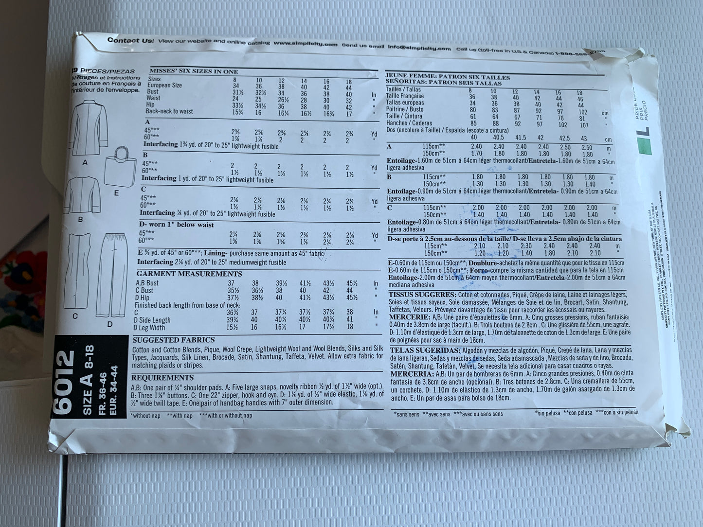 Simplicity New Look Sewing Pattern 6012 Misses' Jacket, Dress, Pants, Top, Long Sleeves, Button Front, Elastic Waist, Bag, Size 8-18 Uncut, 2011