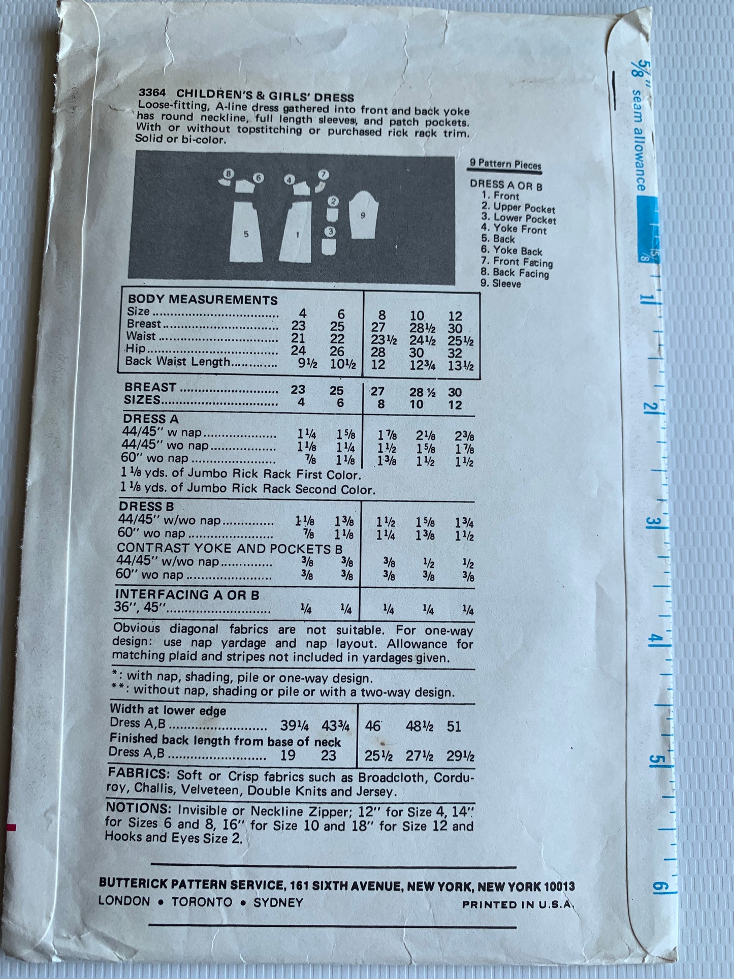 Butterick Sewing Pattern 3364 Girls' Dress, Zipper Back, Pockets, Long Sleeves, A-Line, Size 8, Uncut, Vintage 1976
