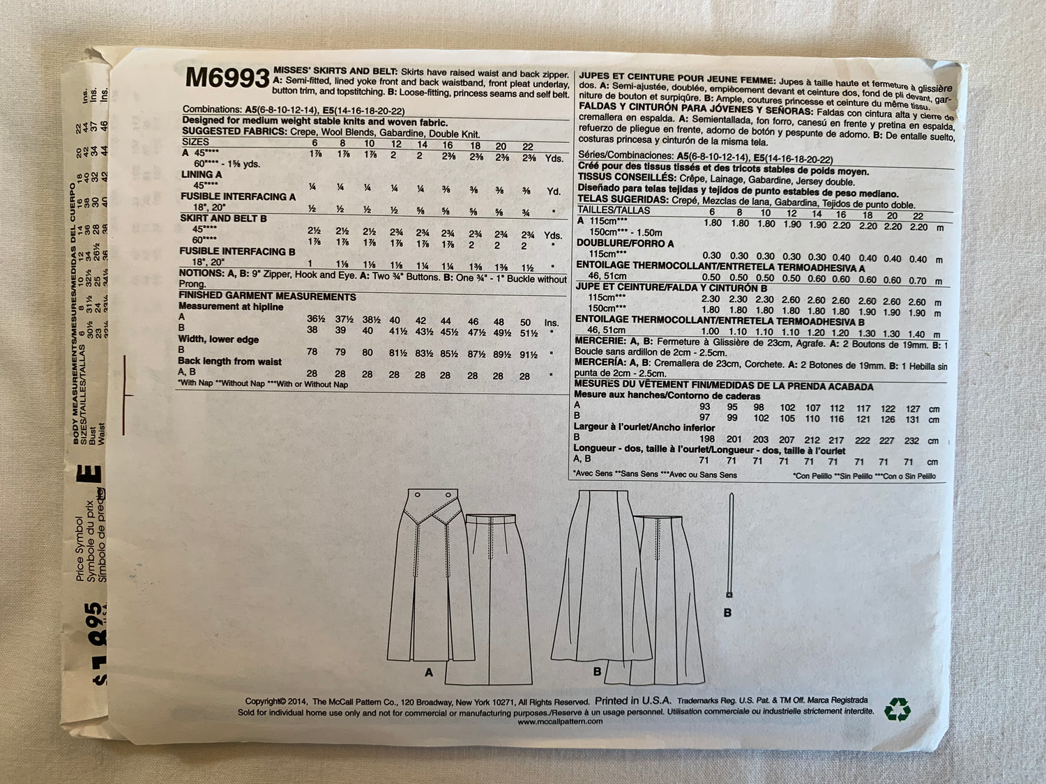 McCall's Sewing Pattern M6993 Misses' Skirts, Belt, Raised Waist, Zipper Back, Semi-Fitted, Pleats, Princess Seams, Uncut, 2014