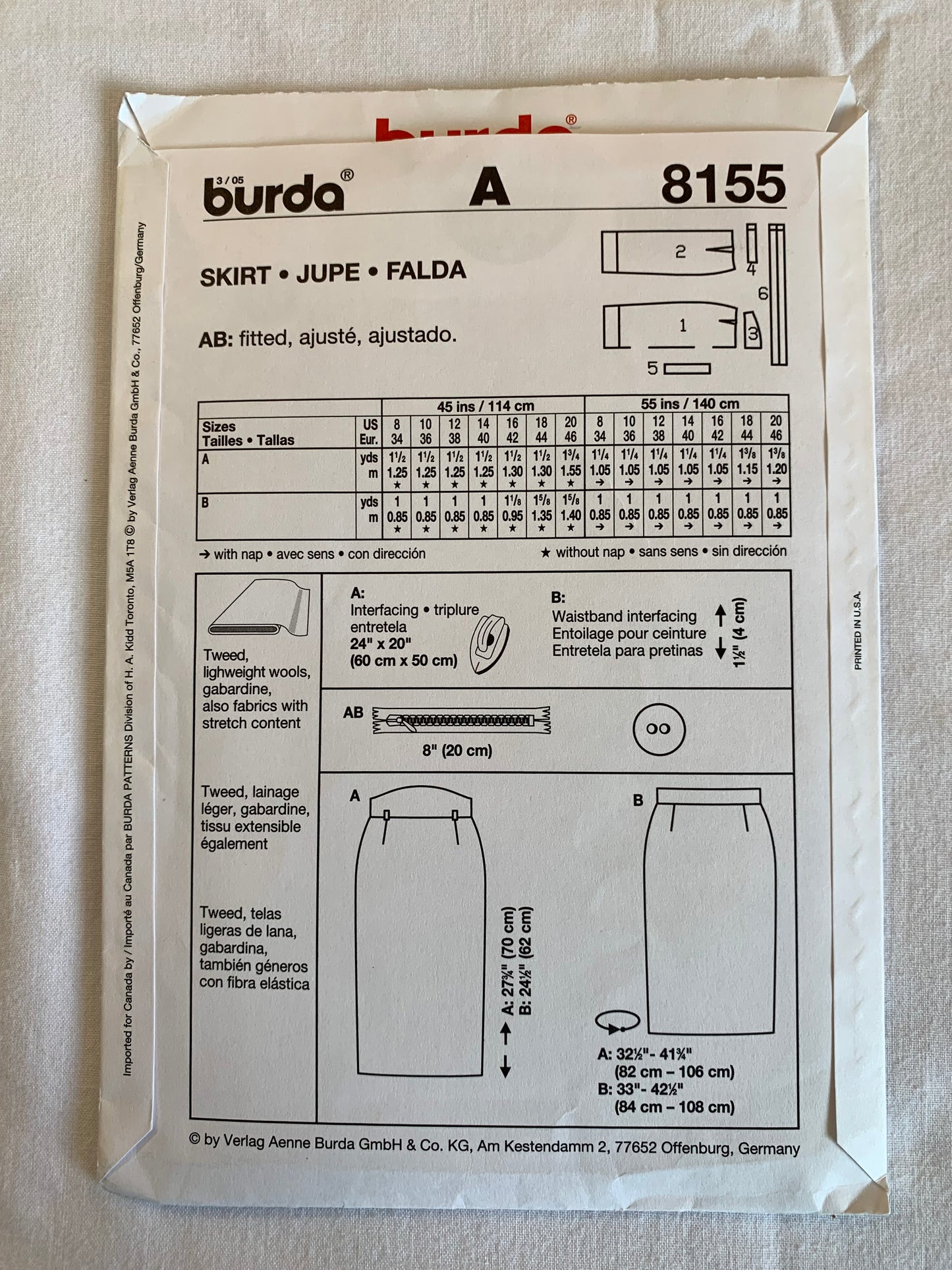 Burda Sewing Pattern 8155 Misses' Skirt, Zipper Back, Fitted, Darts, Two Lenghts, Size 8-20, Uncut, 2003