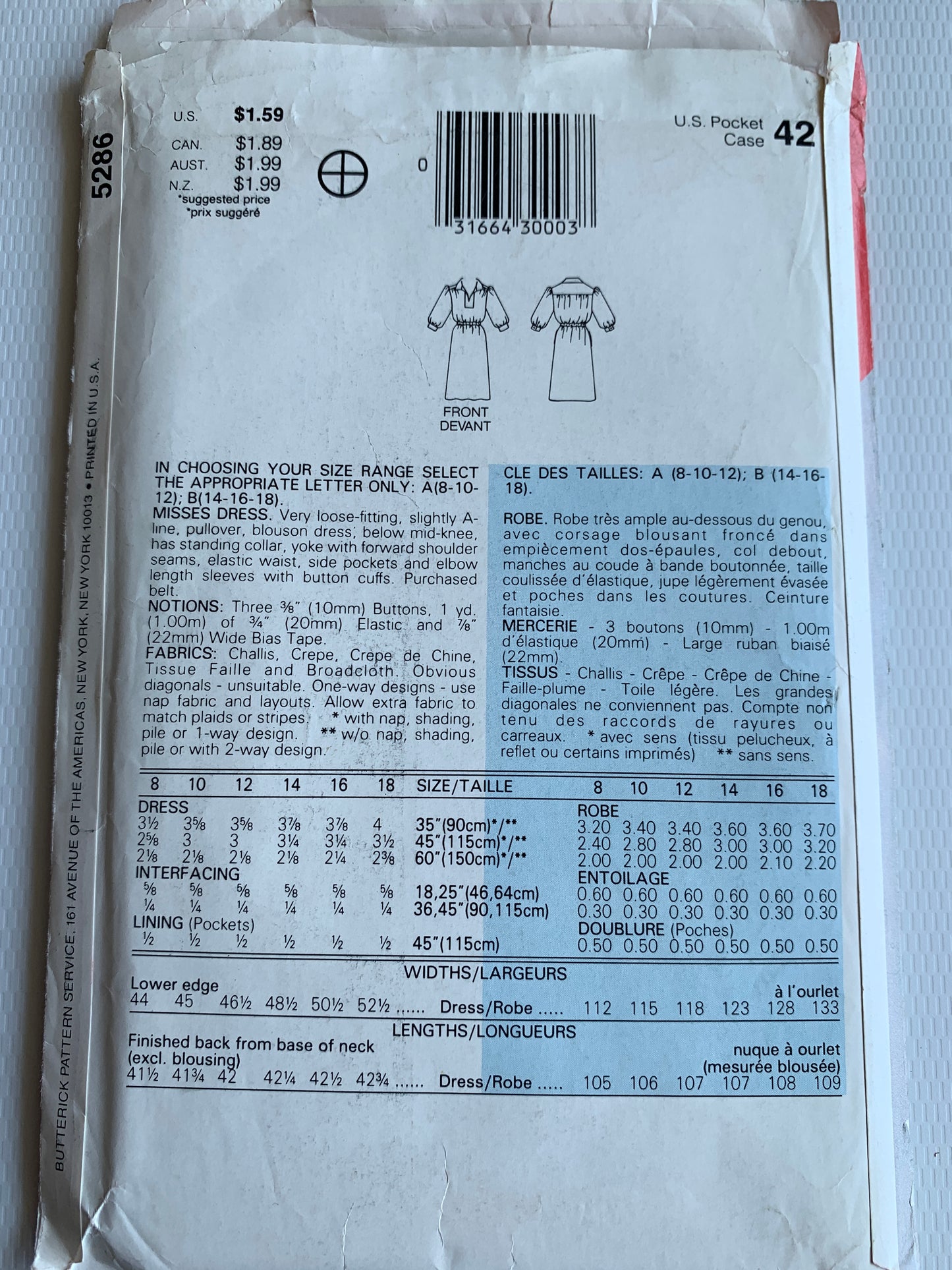 Butterick Sewing Pattern See & Sew 5286 Misses' Dress, Loose-Fitting, Below Mid-Knee, Pullover, Elastic Waist, Elbow Sleeves, Size 14-18, Uncut, Vintage 1996