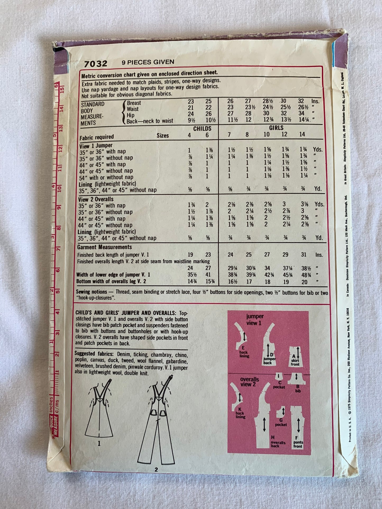 Simplicity Sewing Pattern 7032 Girls' Jumper, Overalls, Side Buttons, Pockets, Shoulder Straps, Size 4, Cut, Vintage 1975