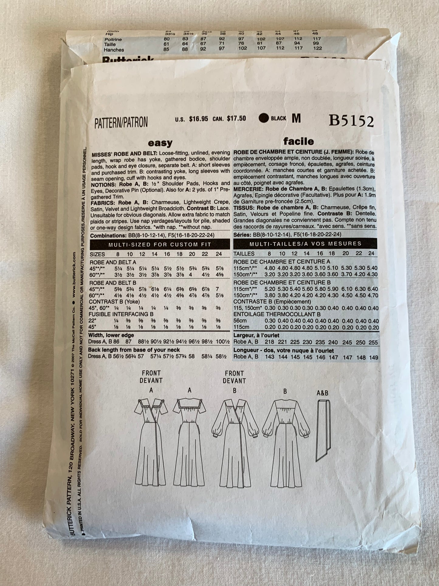 Butterick Sewing Pattern B5152 Misses' Robe, Belt, Unlined, Shoulder Pads, Long/Short Sleeves, Wrap Front, Size 8-14, Cut, 2007
